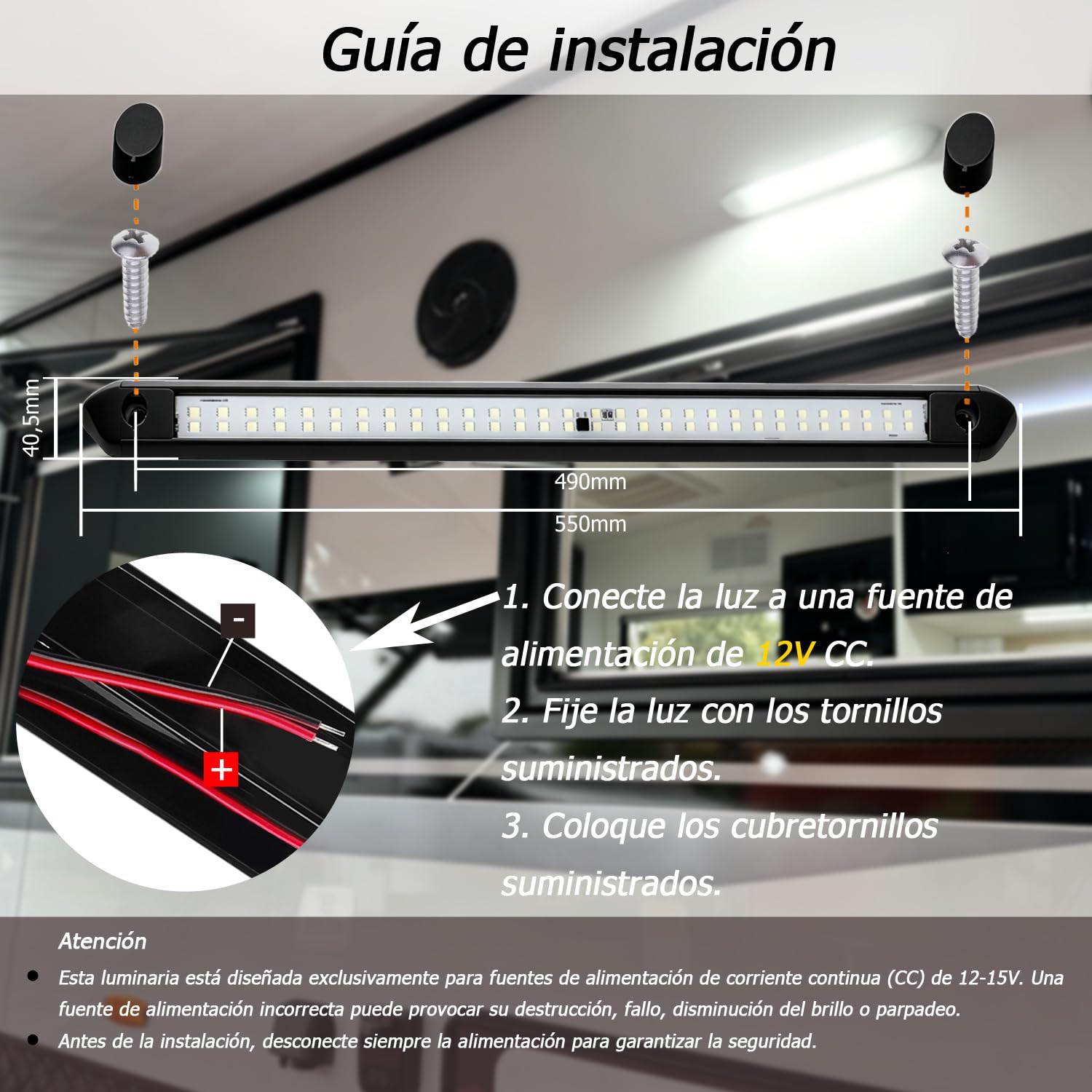 D-lite Iluminación exterior para caravana, luz LED, 12 V, 12 W, luz blanca fría 6000 K, 800 lm, IP66, barra de luz LED de 55 cm, color negro de aluminio, para exteriores, autocaravanas, caravanas