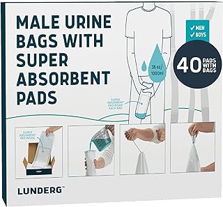 Lunderg Disposable Urine Bags for Men with Super Absorbent Pad - Value Pack 40 Count - Disposable & Portable - For travel, Car Pee Bag or Pocket Toilet for Emergency & Camping. Help Yourself Anywhere!