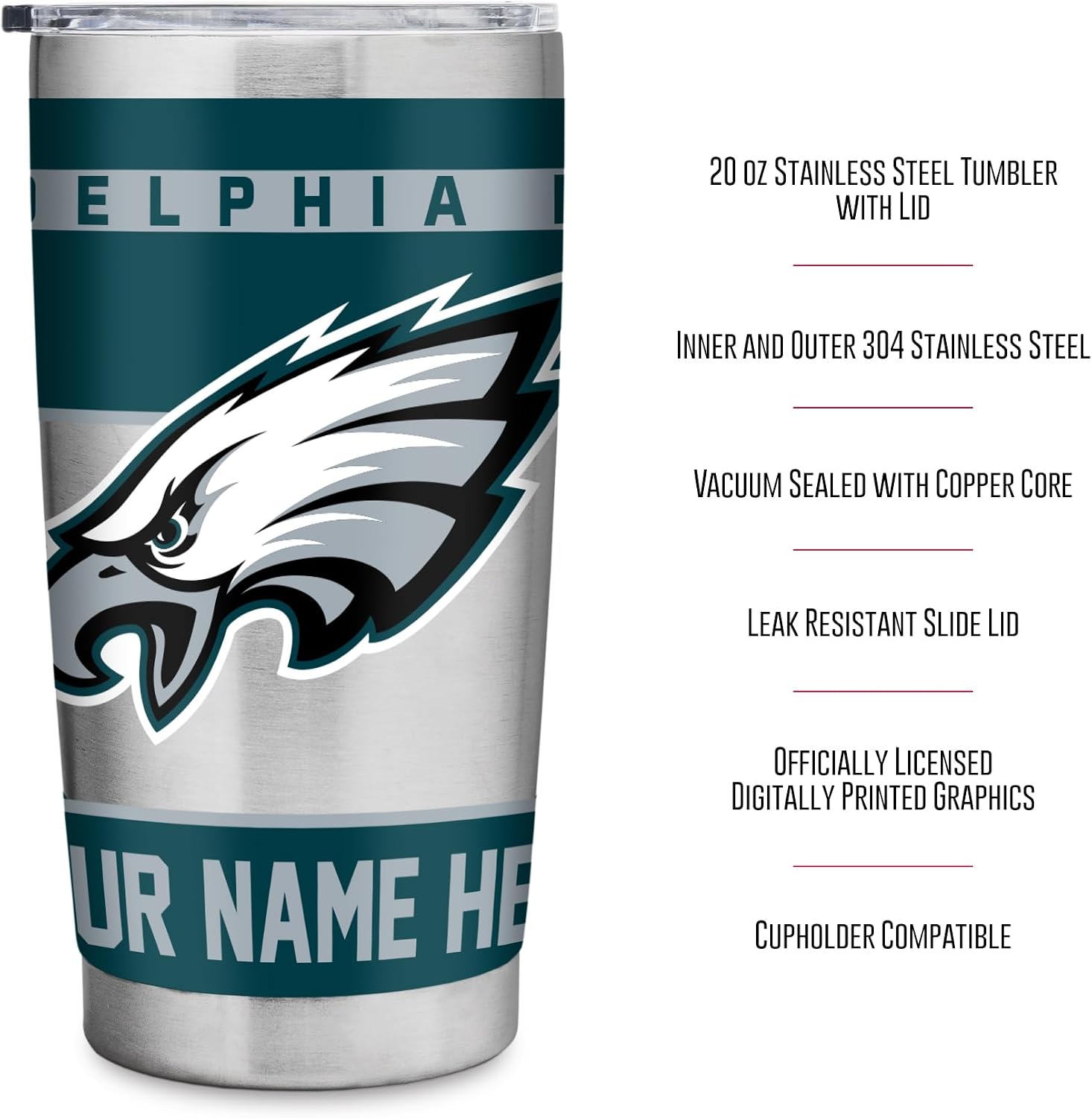 Personalized Philadelphia Eagles 20 oz Stainless Steel Insulated Tumbler with Lid, Custom Name NFL Fan Drinkware, Uniquely Original