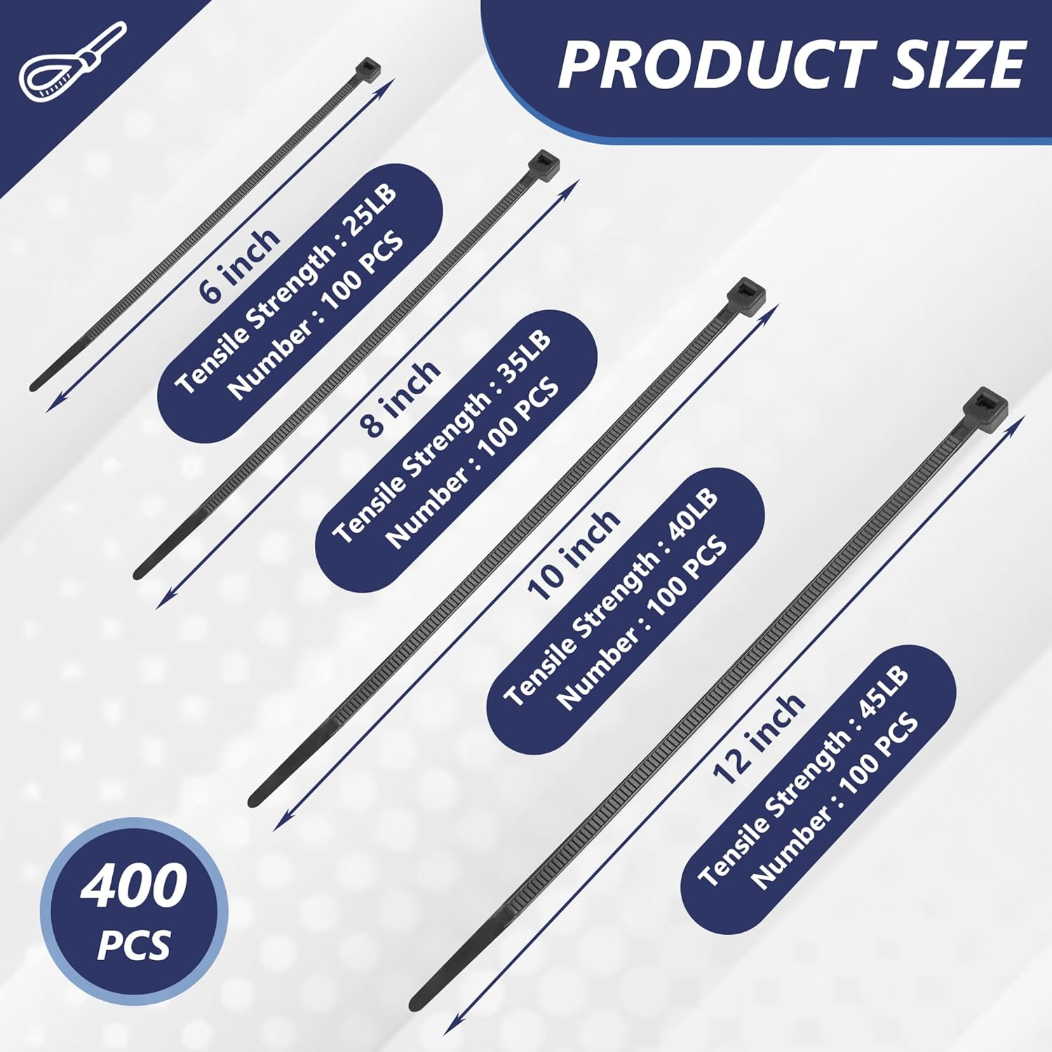 Cable Zip Ties - 400 Pack Black Assorted Sizes 6+8+10+12 inch, Multi-Purpose Self-Locking Nylon UV Resistant Wire Ties for Home, Office, Garden