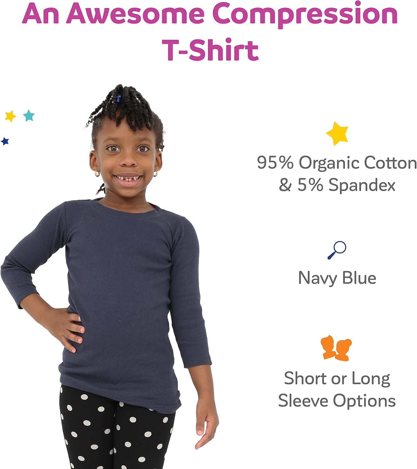 Fun and Function Ribbed Hug Tee - Long Sleeve, Gentle Compression Shirt for Boys & Girls - Sensory Shirt, Navy