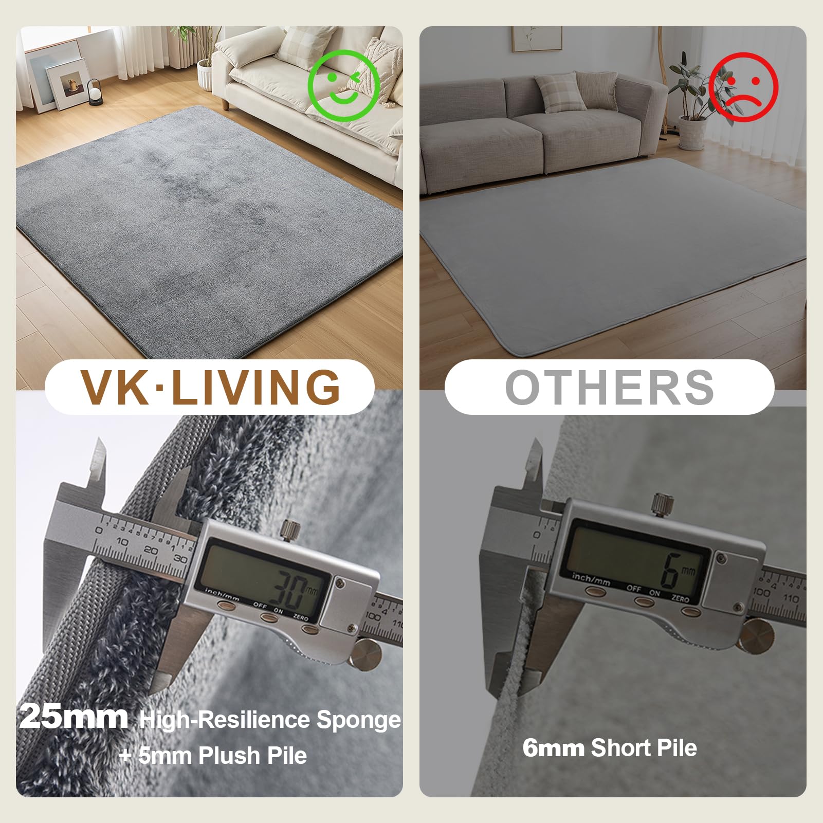 VK·LIVING Tapis de qualité supérieure - 30 mm d'épaisseur - Éponge haute densité douce à poils moyens - Tapis antidérapant pour salon, chambre à coucher, chambre d'enfant, bureau - Gris - 120 x 170 cm