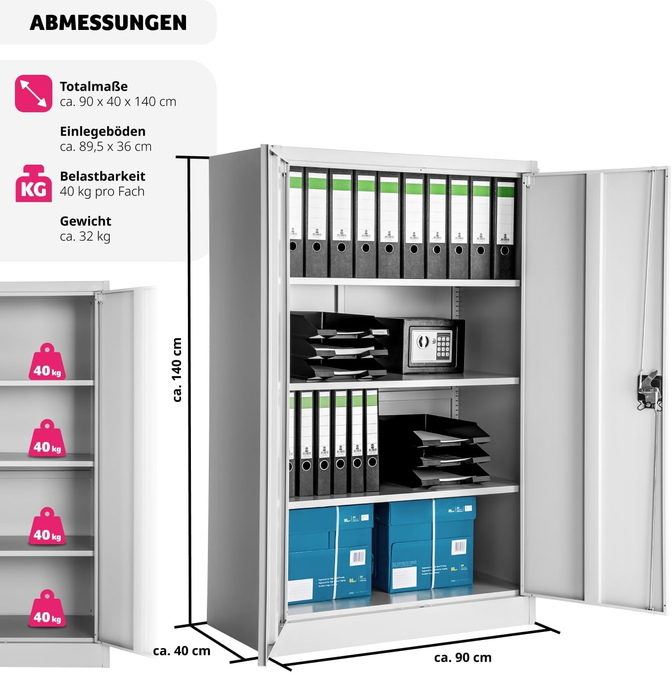Diagram showing the dimensions and load capacity of the tectake filing cabinet.