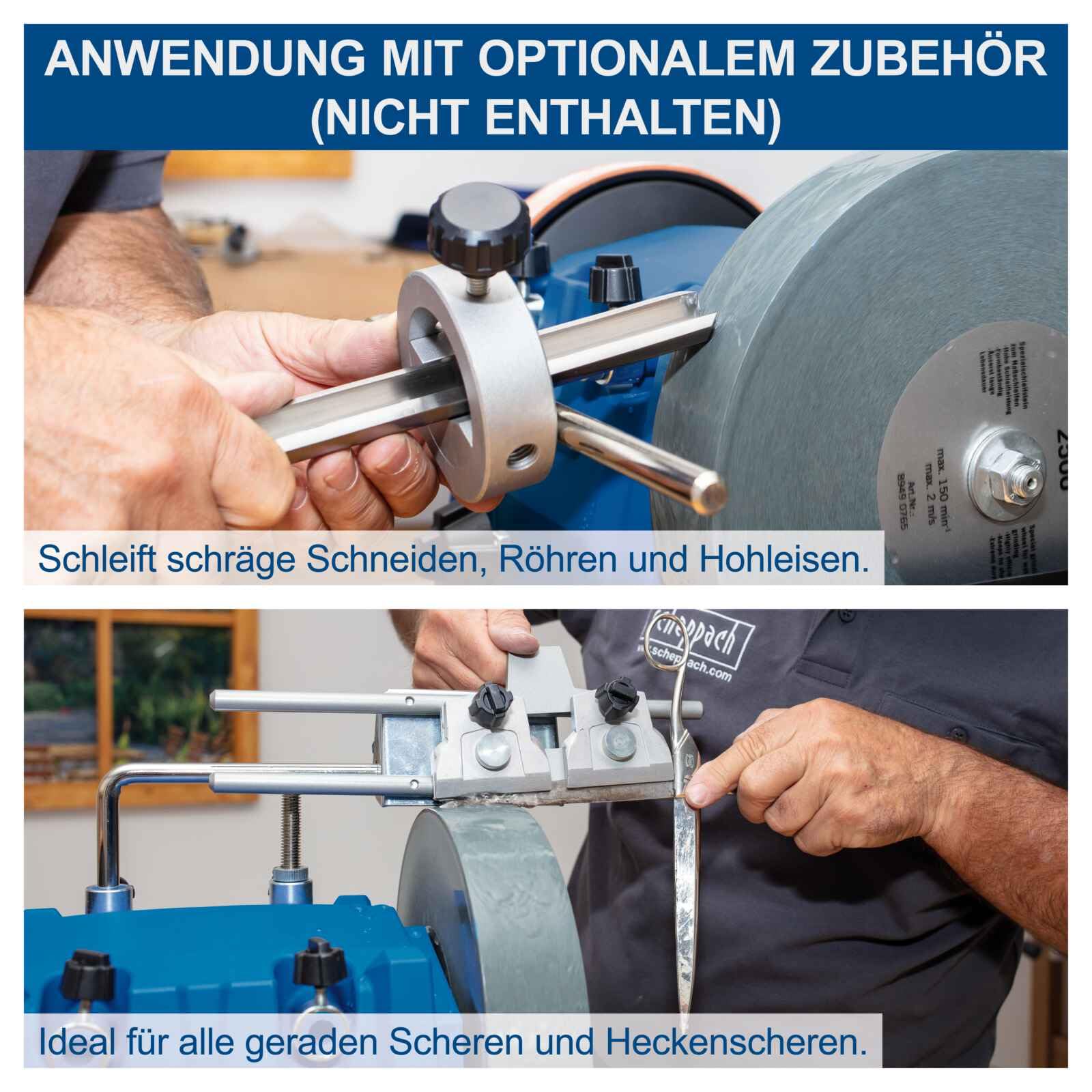 Scheppach Nass-Schleifsystem Tiger 7000s inkl. Homekit | Schleifmaschine 200W Induktionsmotor Schleifstein 250 x 50 mm 220k | Vorrichtung 40/60/70 | Abziehpaste | Steinpräparierer | Winkellehre