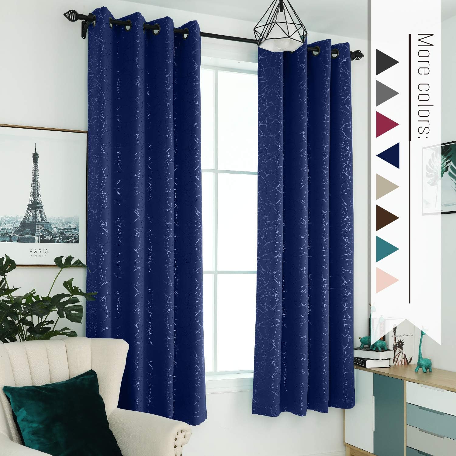 Sophia & William 52" W x 95" L Blackout Curtains with Grommets Thermal Insulated, Hot Stamping (Silver) Stitched Swirl Pattern - 2 Panels, Navy
