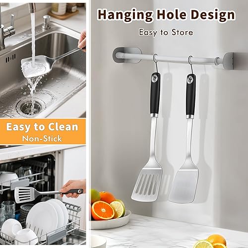 Miniatura 5 de Juego de 2 espátulas de silicona de acero inoxidable, espátula de metal sólido y ranurado, espátula resistente para uso en cocina, utensilios de