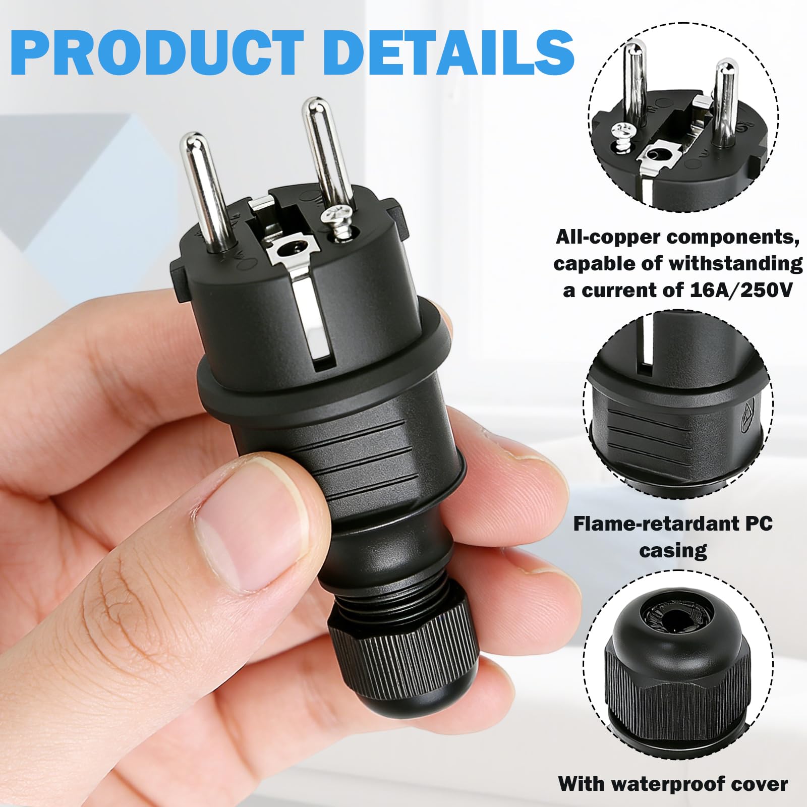 Fiche Male Prise Electrique 250V 16A Anti-torsion Noir