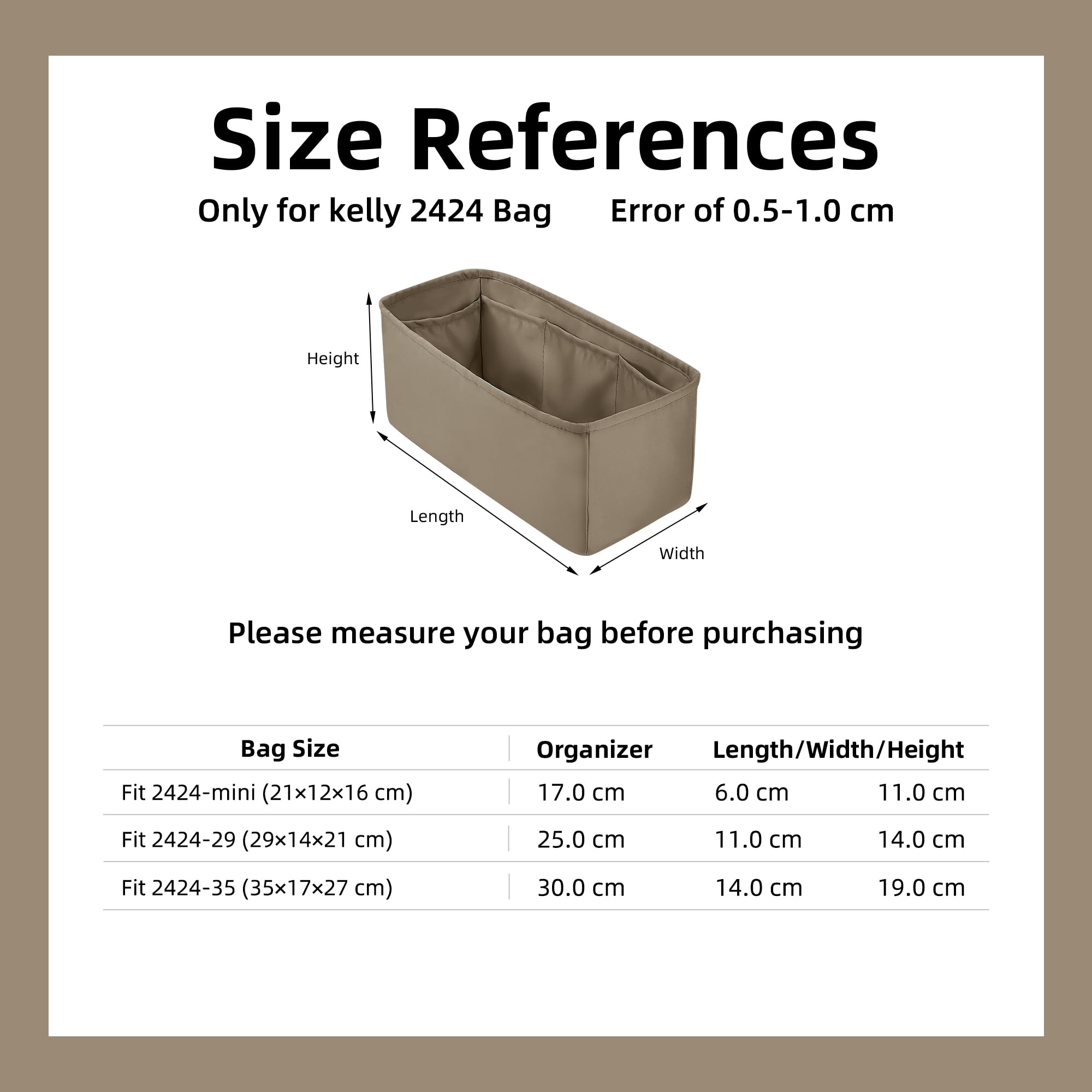 DGAZ Organizador de Bolso de Seda Premium, Inserto Ligero Compatible con 24/24-Mini/29/35, Forro Interior Elegante que Protege y Organiza (Gris tourterelle, 24/24-29)