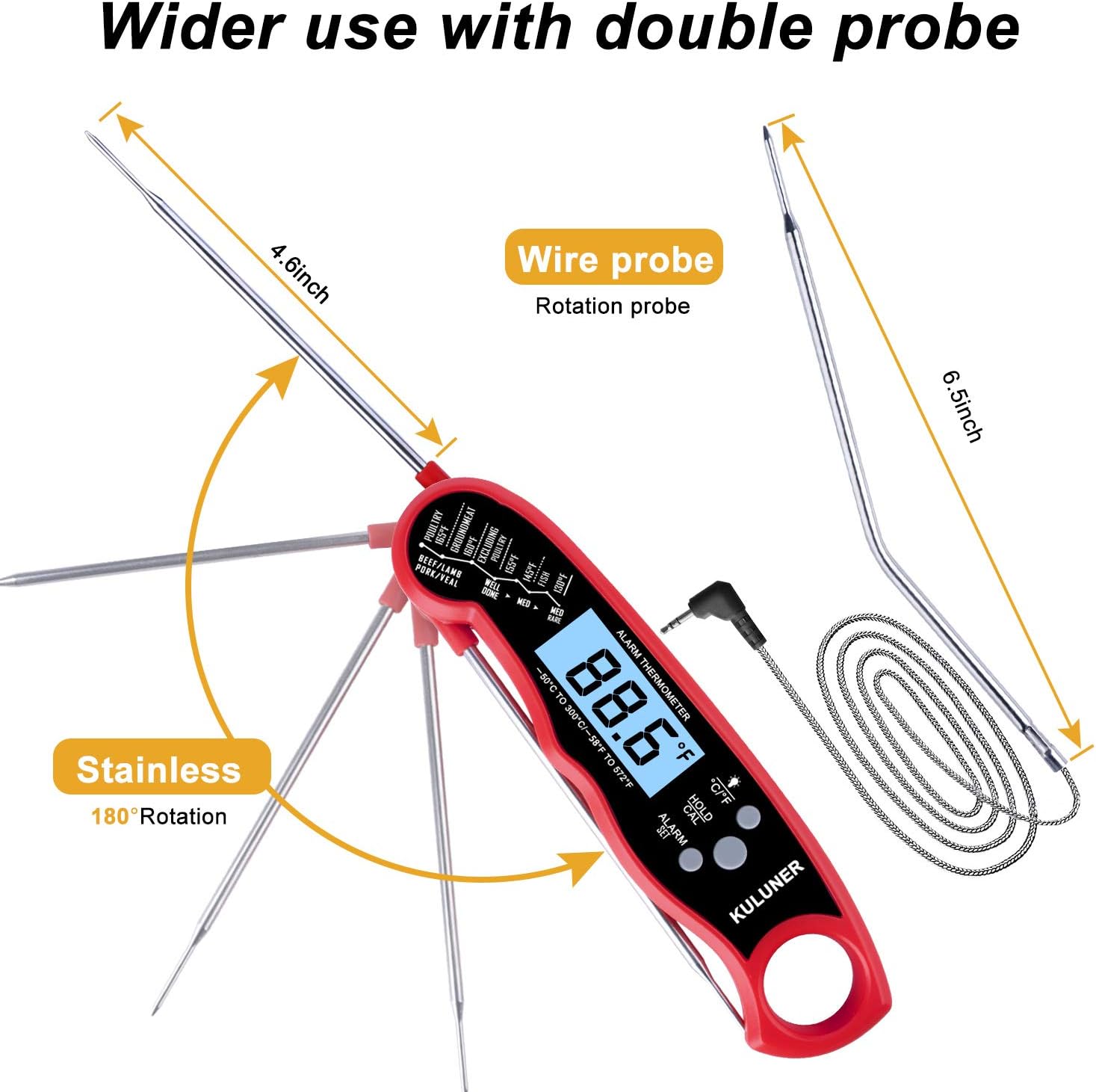 [KULUNER Upgrade] TP-05 2 in 1 Cooking Digital Meat Thermometer, Instant Reading Food Thermometer with Backlight Alarm Function Best for Outdoor BBQ, Steak and Roast Turkey (Red)