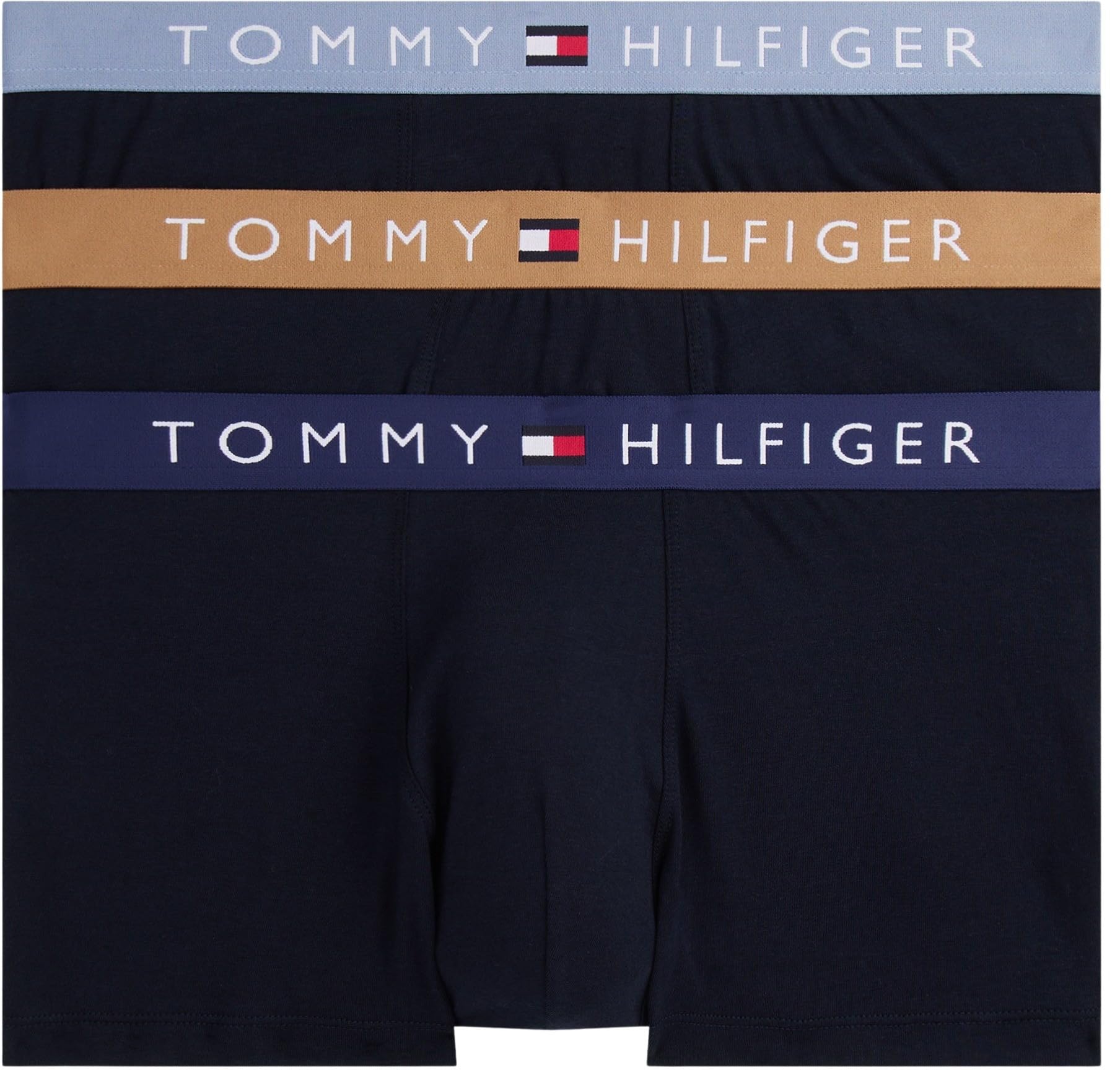 Tommy Hilfiger Men’s 3 Pack Trunks with Logo Waistband, Multicolor (Prp Nvy/Hckory/Brk Blu), S