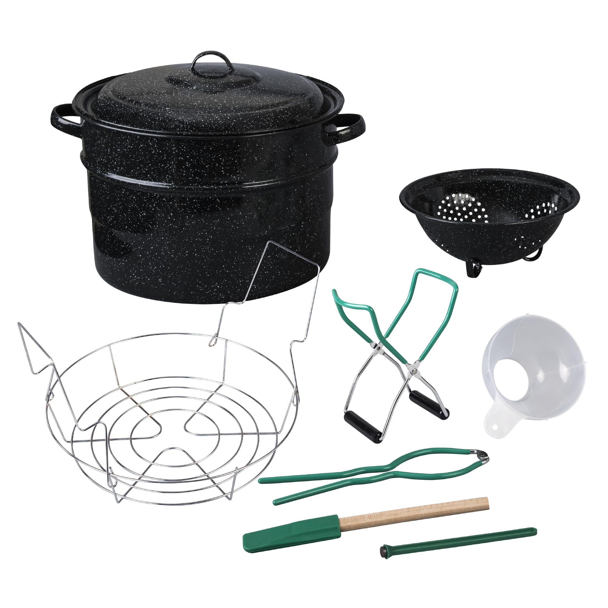 Granite Ware 9 Piece Enamelware Water bath Canning Pot with Canning kit, Colander and Rack. Canning Supplies Starter Kit.