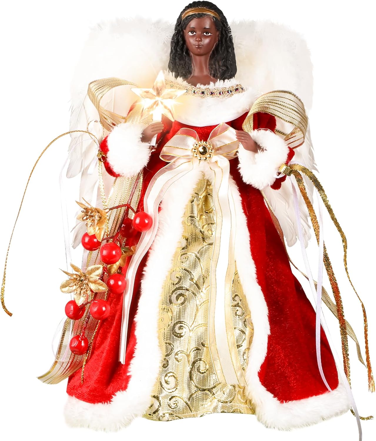 HMASYO Black Christmas Tree Topper Angel with Timer Lights, 12" African American Angel Tree Toppers with White Feather Wings, Star Light, Remote Control and USB Power Xmas Treetop Decor for Holiday