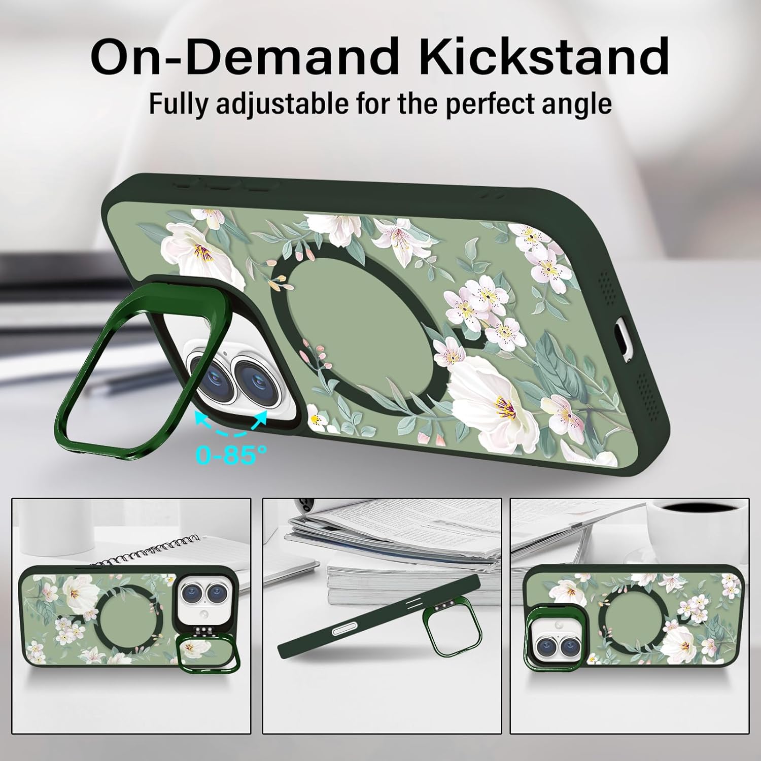 for iPhone 16 Magnetic Flower Case with Kickstand, Compatible with MagSafe, Built-in Camera Ring Stand, Floral Pattern Slim Translucent Frosted Green Cover for Girls Women, Magnolia - Image 3