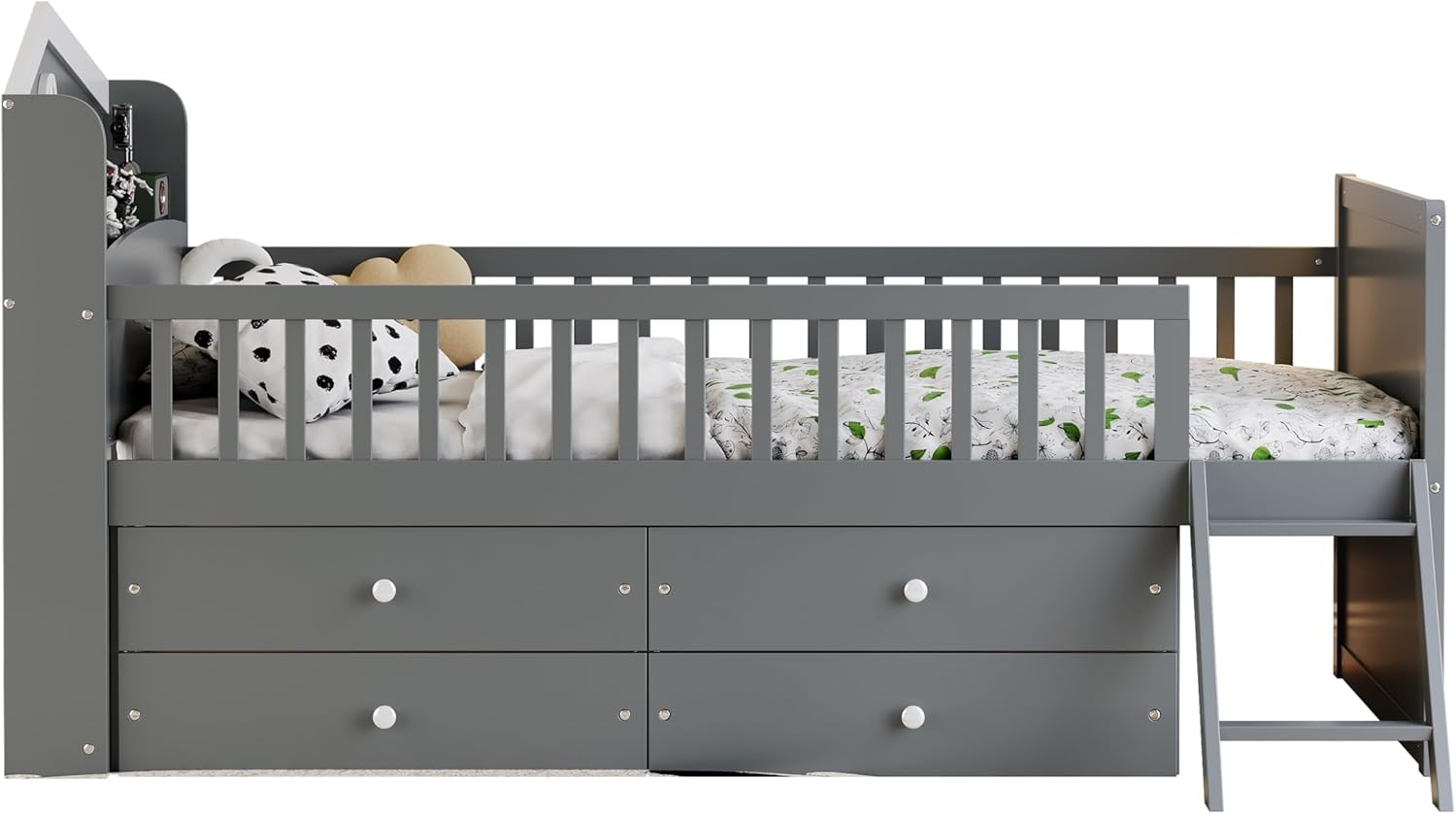 Bed Frame with Storage 4 Drawers,Wooden Bed with Guardrail Headboard and Ladder for Bedroom, No Box Spring Needed (Grey, Twin)