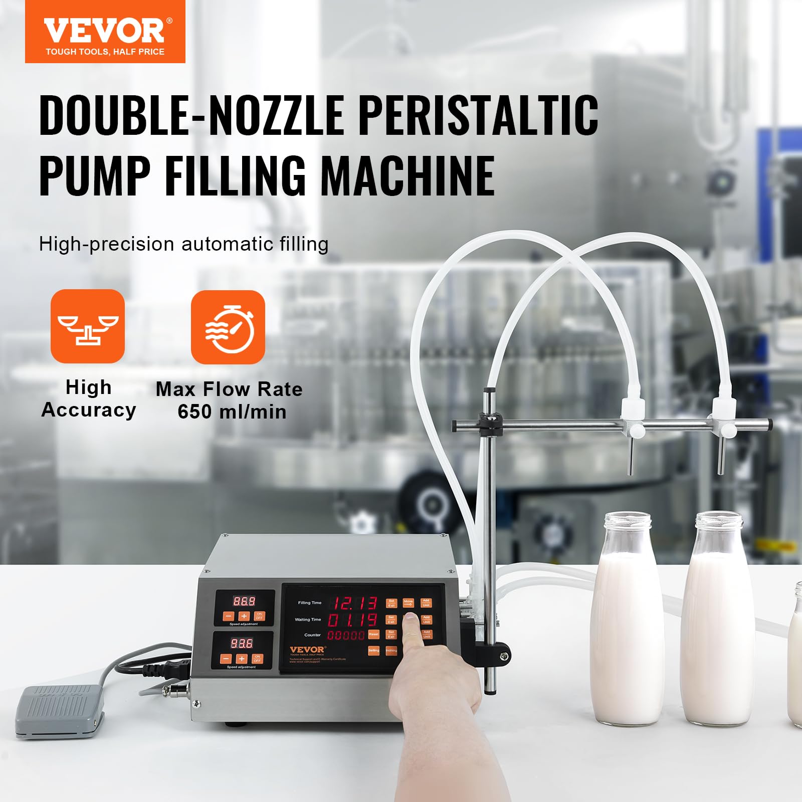 VEVOR Abfüllmaschine Automatisch/Pedalschalter Flüssigkeitsabfüllmaschine 650 ml/min Flaschenabfüllmaschine 340 x 260 x 140 mm Pastenfüllmaschine Edelstahl 201 Füllmaschine Digital Wein Milch usw.