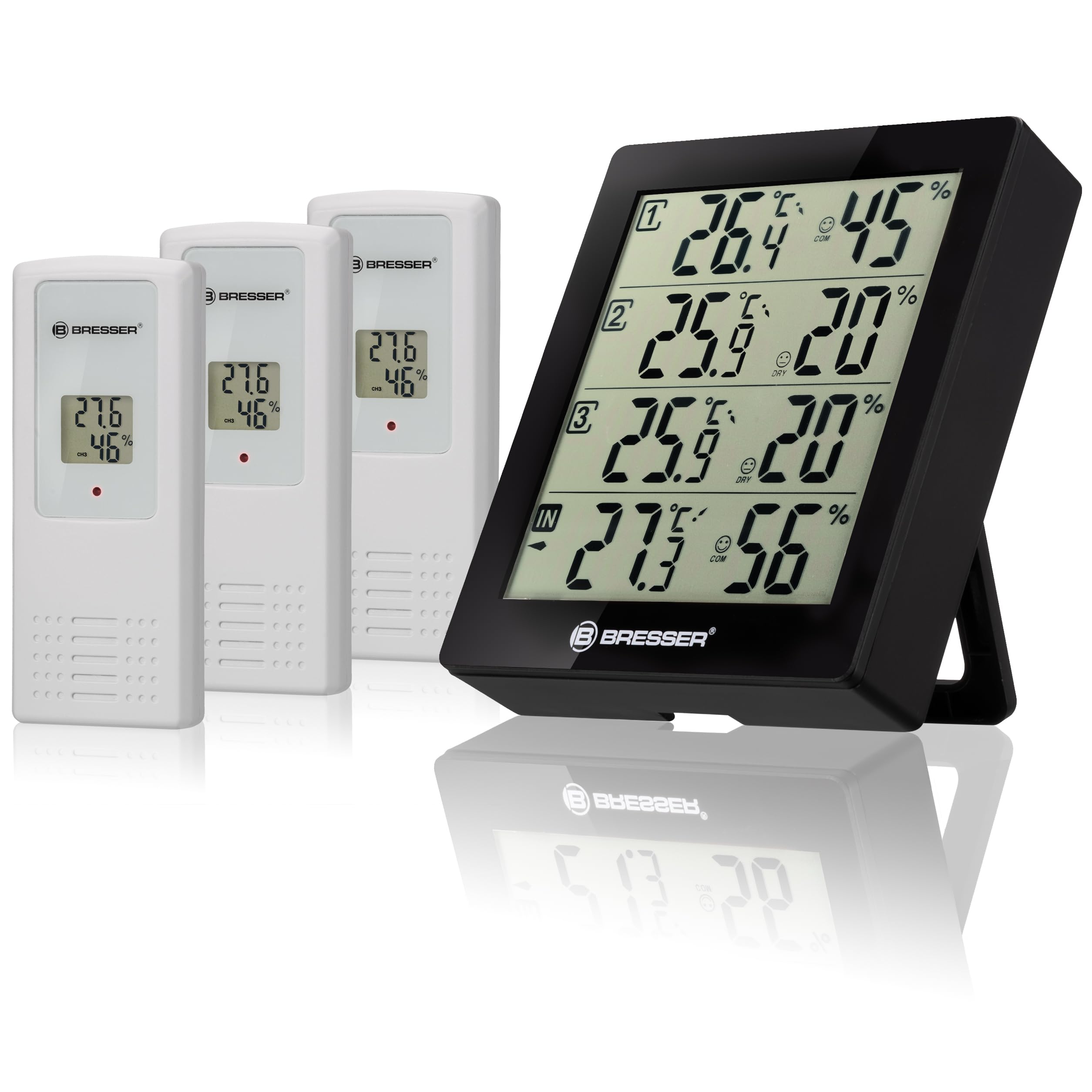 Bresser Wetterstation Funk mit Außensensor Temeo Hygro Quadro inklusive 3 Außensensoren um bei 4 Umgebungen gleichzeitig Temperatur und Luftfeuchtigkeit zu messen und zu kontrollieren Bresser Quadro Wetterstation