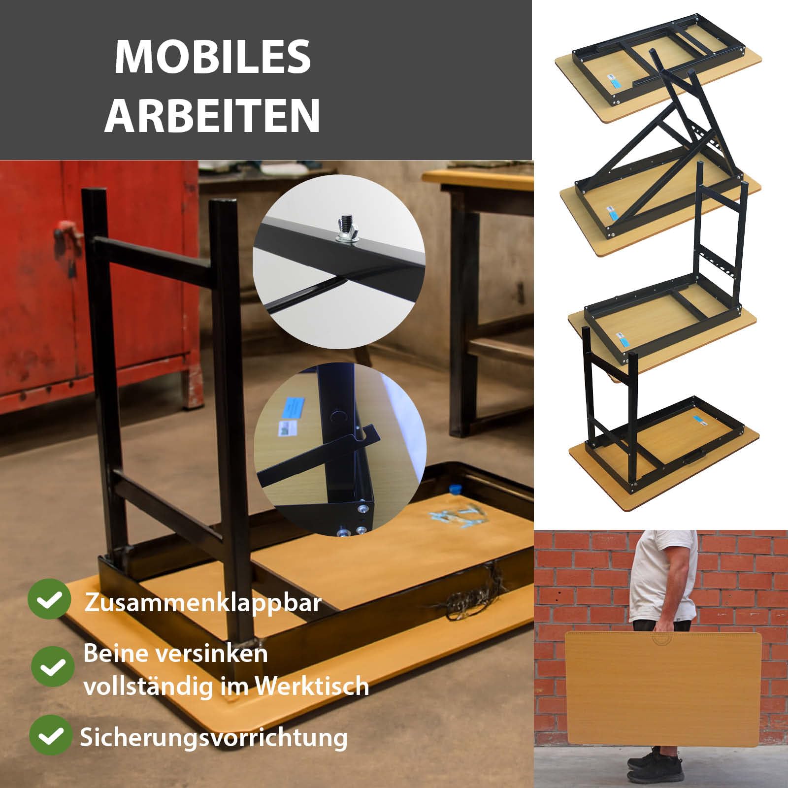 TRUTZHOLM Werkbank 100 x 60 x 75 cm klappbar Werktisch 150 kg belastbar, Arbeitsplatte mit Lineal und Winkelmesser, linierter Arbeitstisch mit Tragegriff Arbeitsbank Werkstatteinrichtung