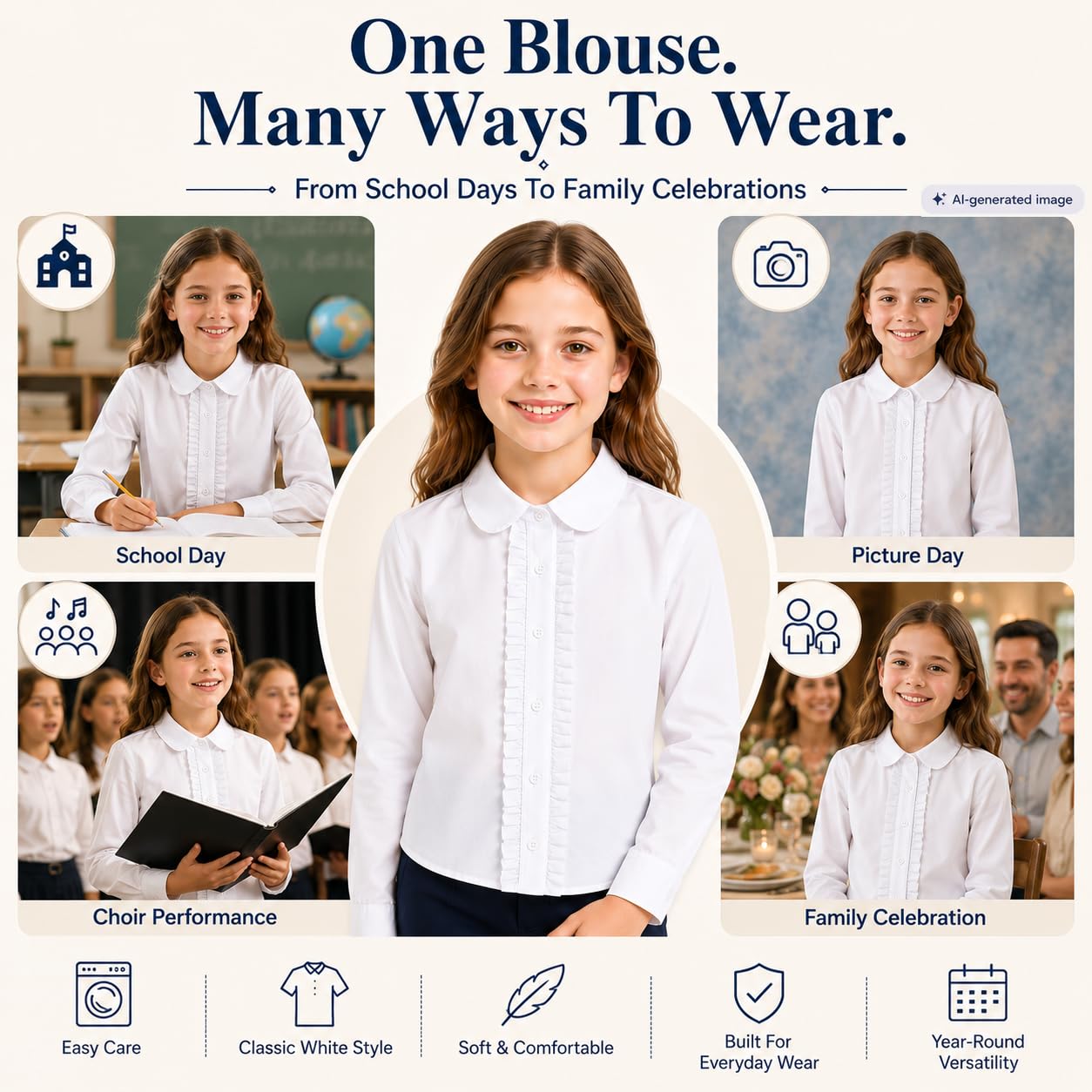 Bienzoe Filles École Manche Longue Blanc Chemisier