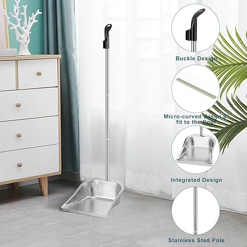 Miniatura 10 de Yangbaga Juego de recogedor y escoba de mango largo para el hogar, recogedores y escobas de metal resistente, diseño de pie vertical, escoba