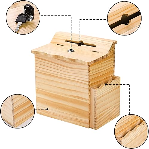 Miniatura 7 de Frcctre Caja de sugerencias de madera con candado y 50 tarjetas de sugerencia gratis, caja de recolección de llaves de donación de boletas con
