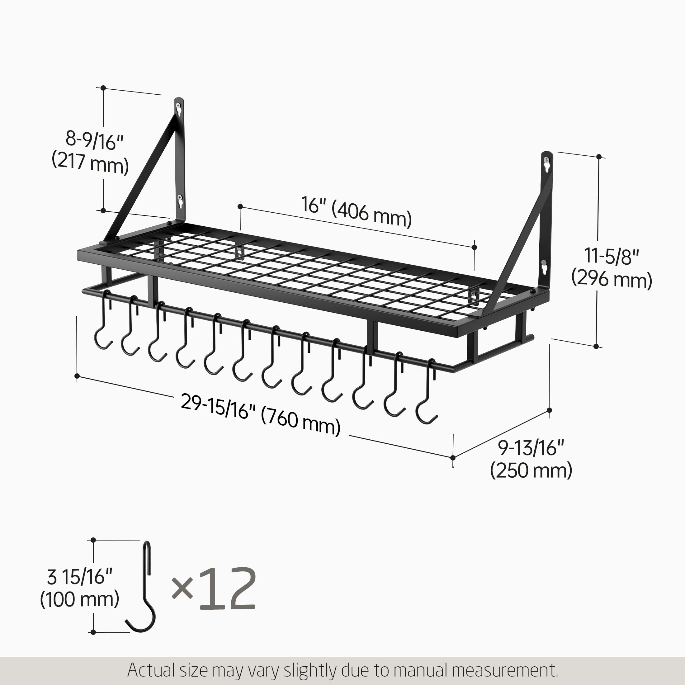KES Porte-casseroles Étagère Murale Suspendue pour Organisateur de Rangement de Cuisine avec 12 Crochets 75 CM Noir Mat, KUR215S75A-BK