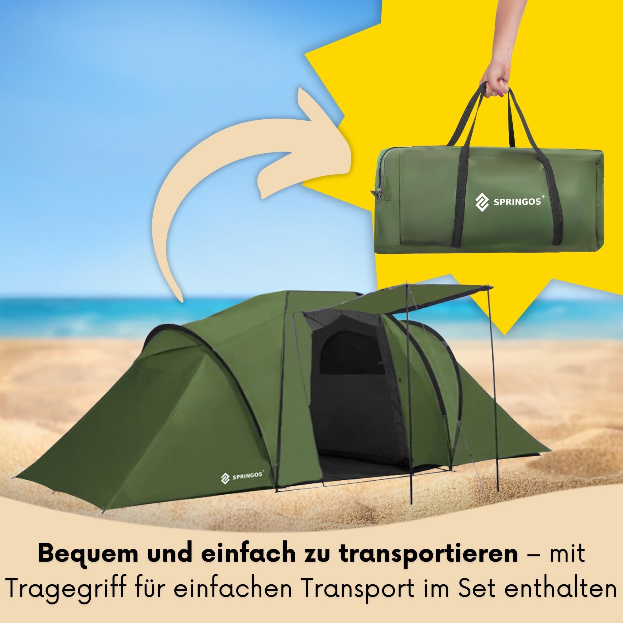SPRINGOS Campingzelt Kuppelzelt bis 4 Personen mit Vorraum und 2 Schlafkabinen Haken für Zeltlampe Abspannleinen Tragetasche