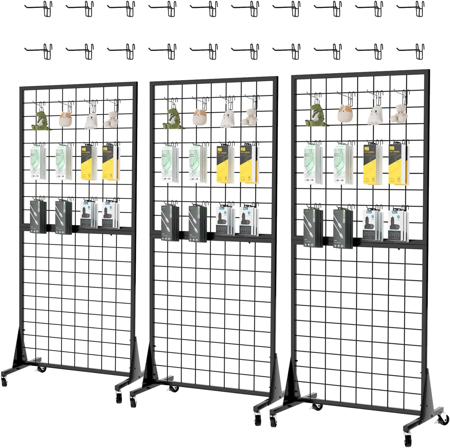 DEYEGELEA 3-Pack Gridwall Panel Display Stands 2'x5.5' Ft, Heavy-Duty Floorstanding Retail Display Rack with Triangle-Base for Retail Art Fair Show (Black Finish)