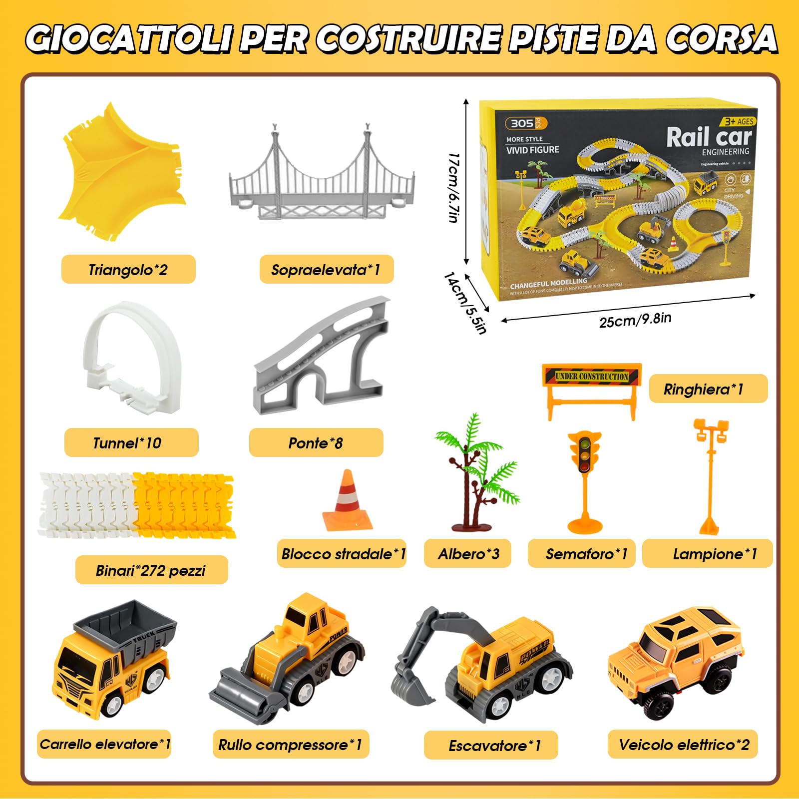 PATEMZON 305 Pezzi Set di Giocattoli Veicoli da Costruzione, Pista Macchinine Giocattolo per Bambini, Set da Pista Auto Flessibile con 6 Auto, Macchinina Giocattoli Natale Regalo Bambini 3+ Anni