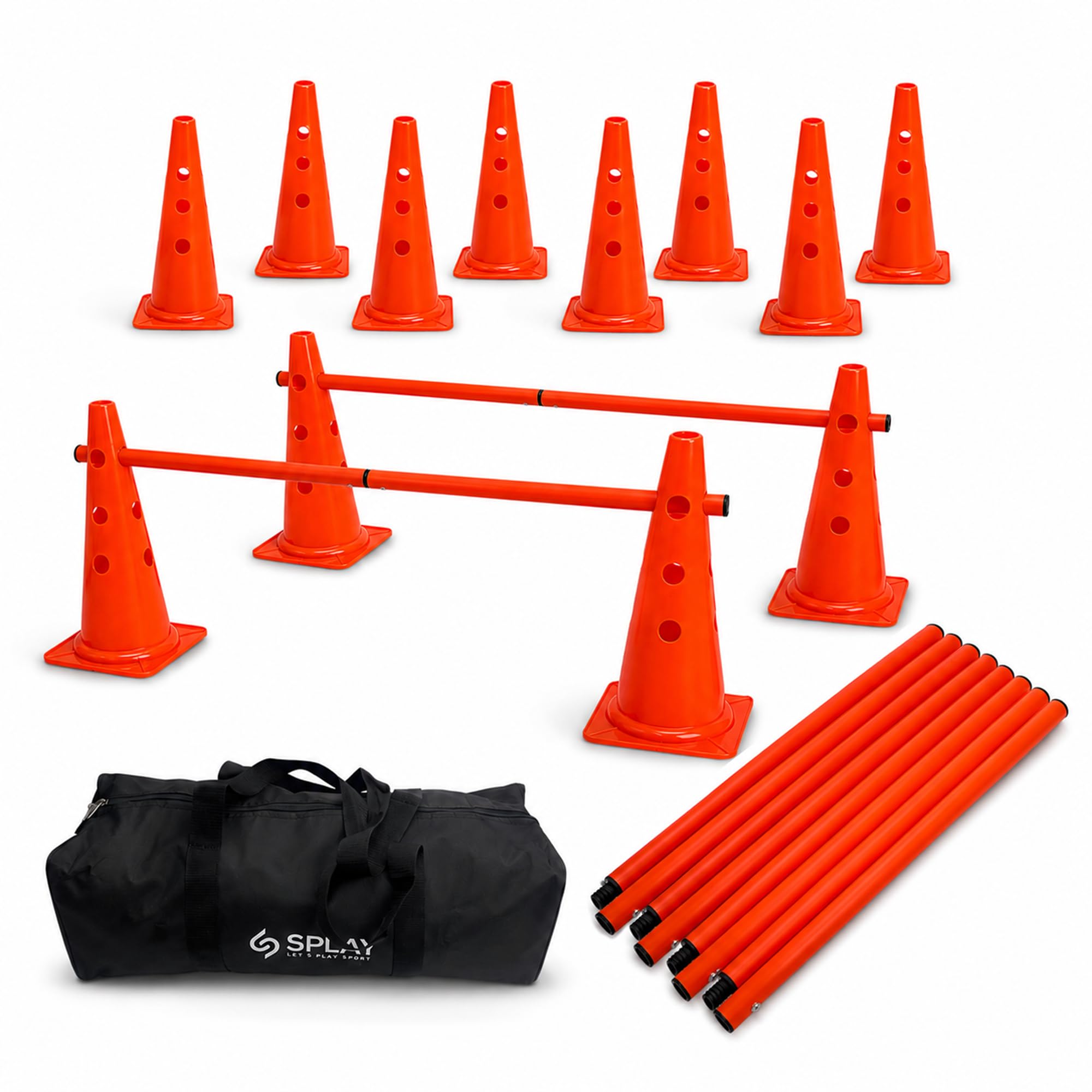 Splay Club Training Hurdle Kit w/Carry Bag | Multi-Sport Plastic Cones for Field Practice, Fitness Training, Agility Set, | 12 Cones (15 Inch) | Adjustable 6 Poles Orange Color (1 Meter)