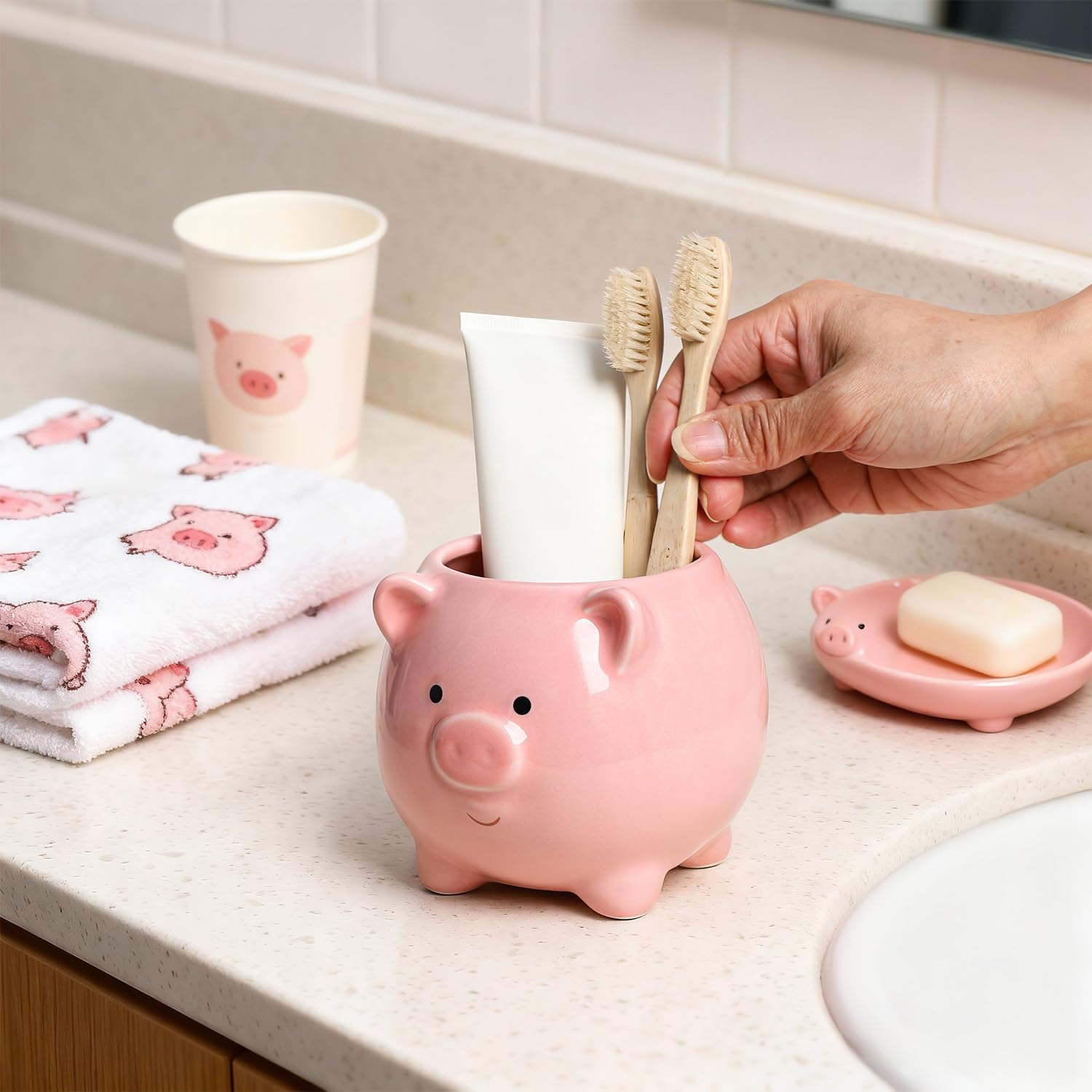 Gaolinci Cute Pig Ceramic Toothbrush Holder, Bathroom Countertop Tumblers, Makeup Brush Storage