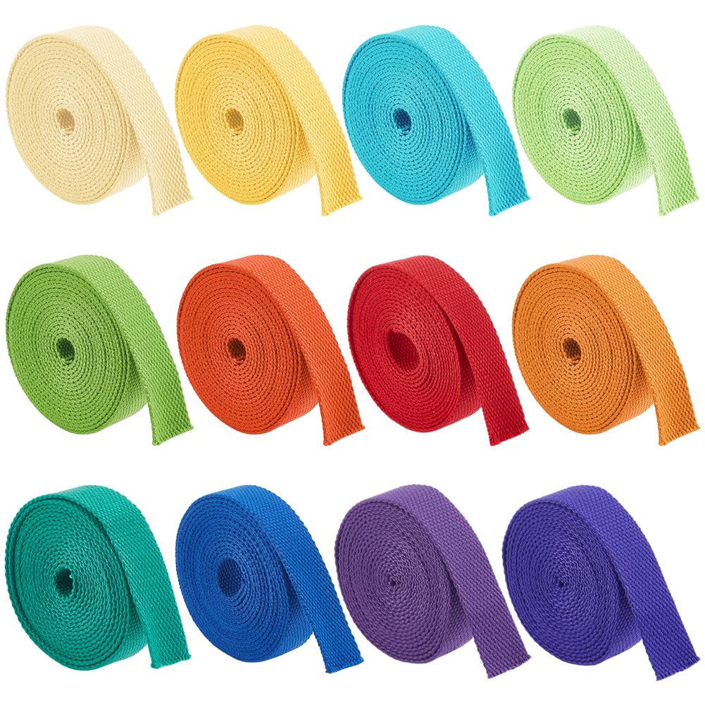 BENECREAT 39.37 Yards 12 Colors Heavy Polycotton Webbing, 1Inch Mixed Webbing Straps for Bags Handles, Tote Bag Webbing, Cloth Belt, Making Outdoor Supplies (Bright Color)