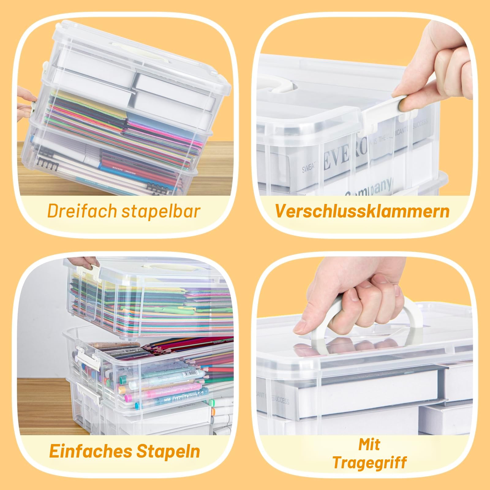 Creahaus 3-Stöckige Aufbewahrungsbox mit Deckel, Stapelbare Aufbewahrungsboxen für Bastelmaterial, Nähkasten, Sortierbox (weiß)