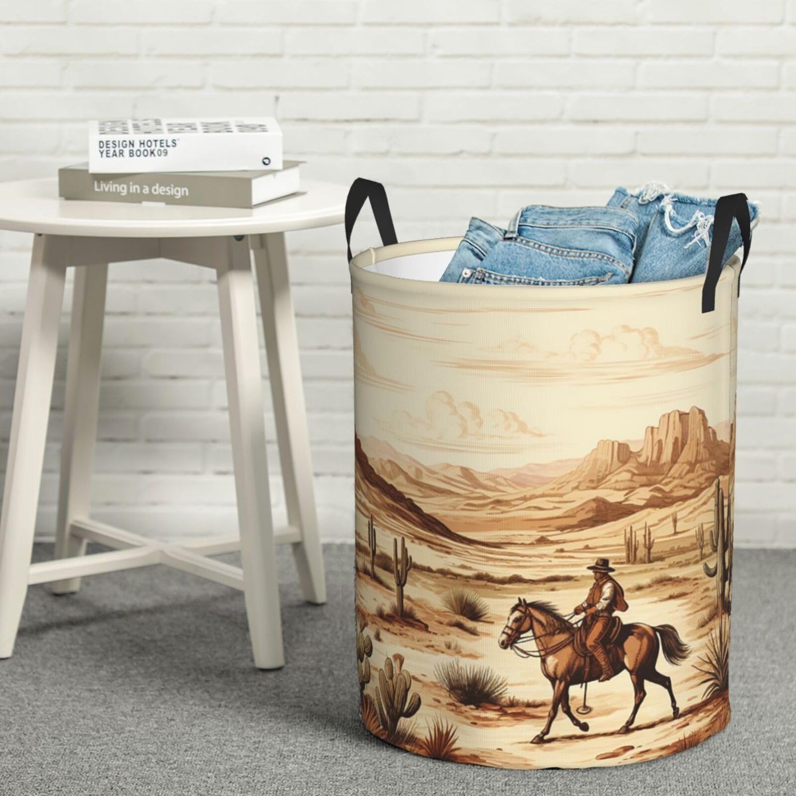 Fodpand Black West Desert Cactus With Cowboys Riding Horses Laundry Basket With Handle, Freestanding Laundry Hamper, Collapsible Dirty Clothes Hamper, Blanket Storage Basket Tall Toy Storage Bin Room Decor Medium