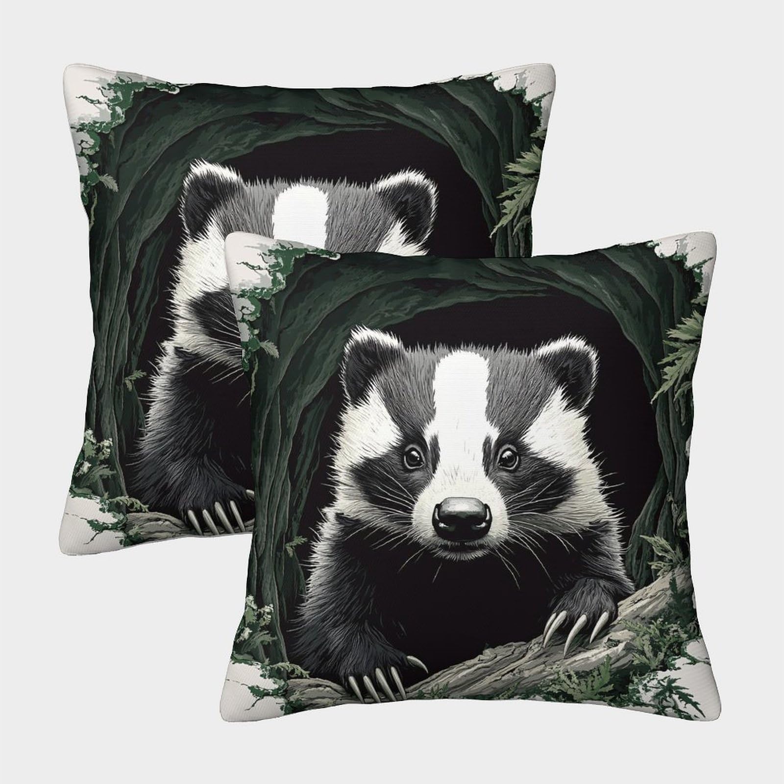 FELASBUID Badger Peeking Hole—Wildlife Illustration Style Pillow Covers 2 Pack Cozy Pillowcases Available All Seasons Cushion Covers Zippered Decorative for Couch Livingroom 45x45cm
