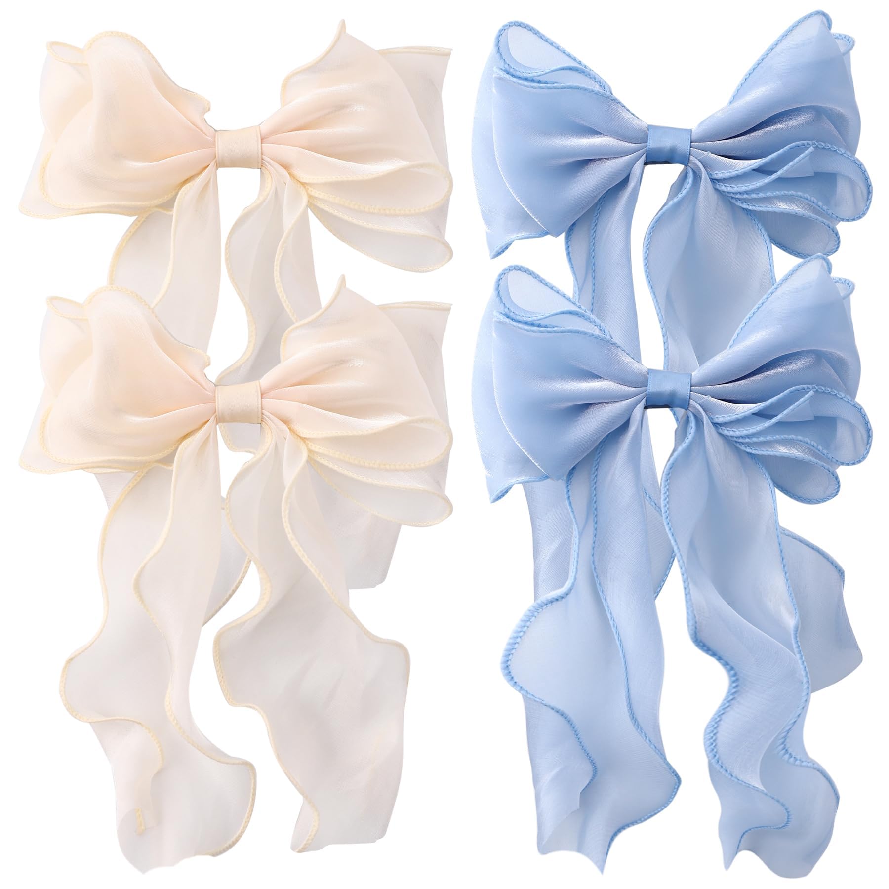 NALACAL 4PCS Oversized Ribbon Hair Bows, Long-Tail Hair Clips, Large Hair Barrettes for Women and Girls, Champagne and Blue