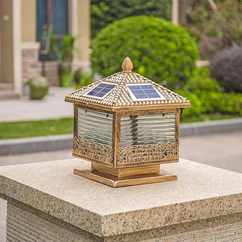 QUSYZD Outdoor Solar Post Lights Fixture, Modern Yard Entry Outdoor Column Lights Classic Aluminum Table Lamp Die-Casting Glass Led Pillar Light Gate Landscape Street Lighting,11.8 * 14.9in