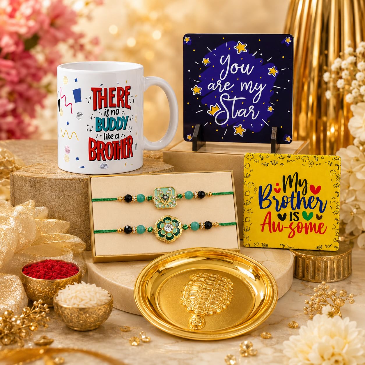 Dreamica Designer Set of 2 Rakhi, Mug, Standee Showpiece, Tortoise Plate, Fridge Magnet, Greeting Card and Tilak Set | Best Rakhi Gift for Brother