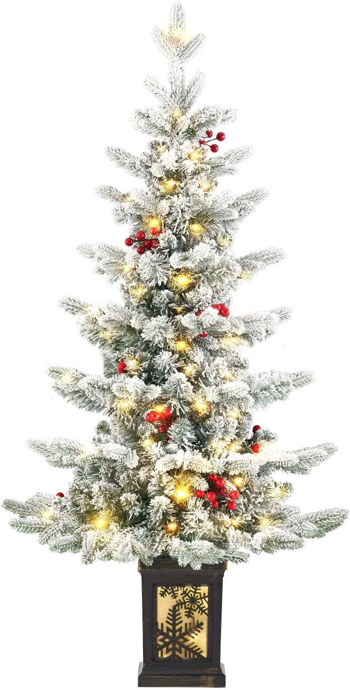 Small Pre-Lit Christmas Tree with LED Lights - 3.5FT Snow Flocked Ariticifial Tree with Vintage Snowflake Base, Battery Operated & Auto Timer for Home Office Xmas Decor
