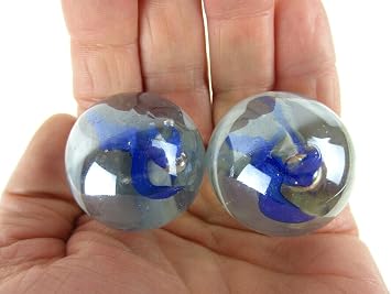 Set of 2 Vapor 35mm Boulder Clear/White/Blue/Cobalt Swirl Large Shooter Solid Glass Marbles Decor/Vase Filler/Aquarium