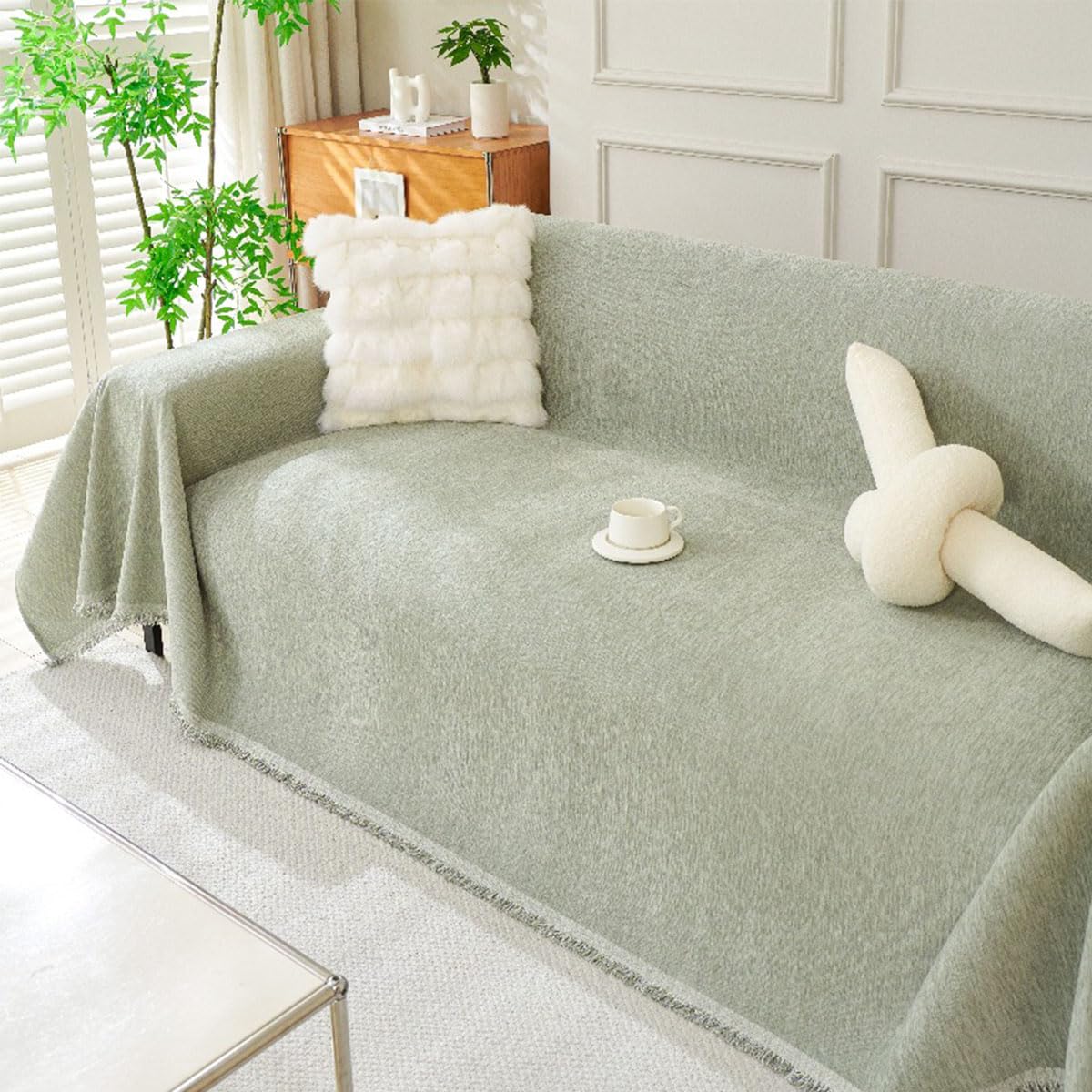 Nordic Solid-Colour Chenille Sofa Throw Slip-Resistant & Cat-Scratch-Proof Sofa Cover Couch Protector Loveseat L Shaped Covers with Tassel,Suitable for All Seasons(Size:180x380cm,Color:Grass green)