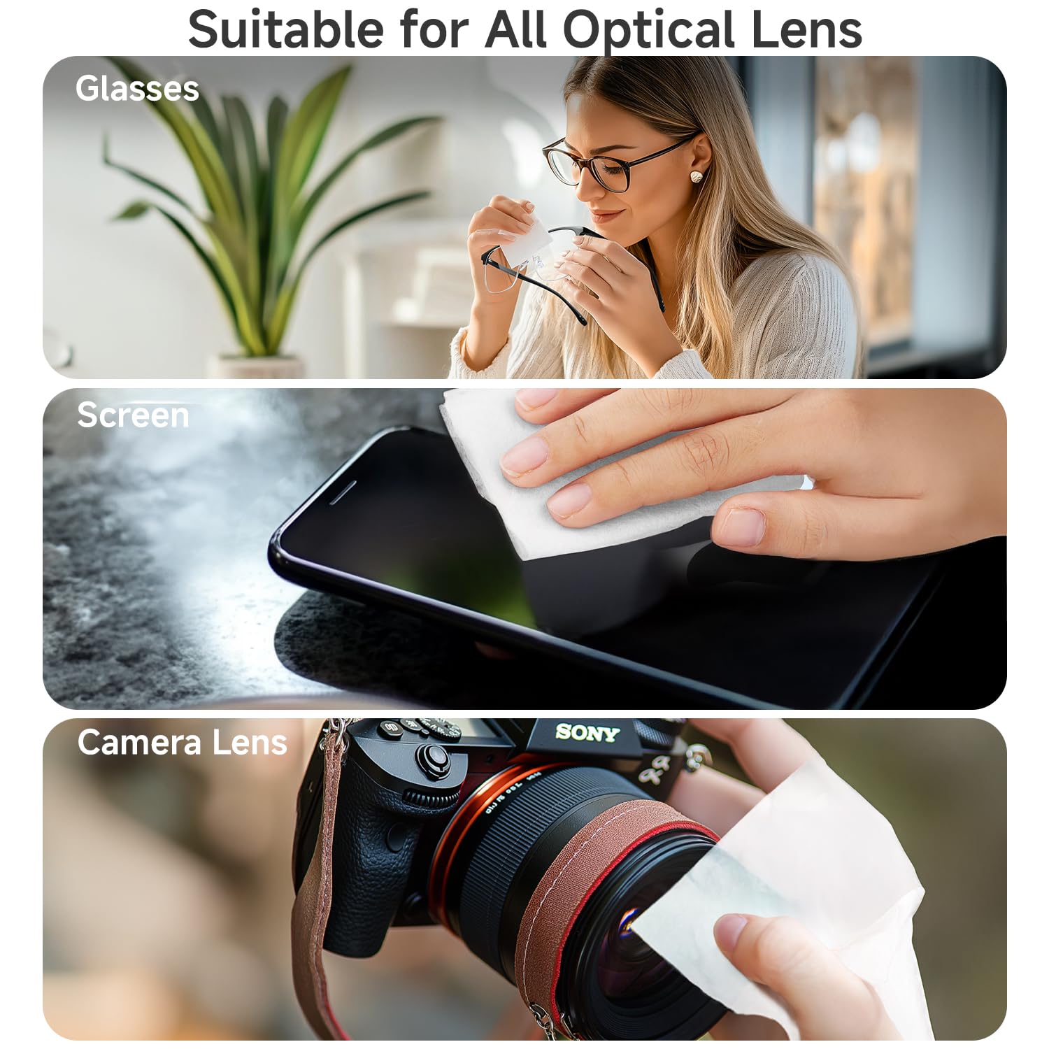 Toallitas antivaho para lentes, Lulumonster, 150 toallitas prehumedecidas envueltas individualmente, no rayan ni rayan, toallitas limpiadoras para gafas, gafas de sol, lente de cámara de pantalla de