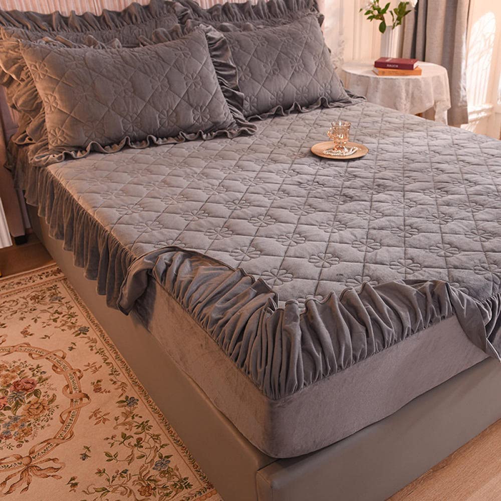Fitted Sheet Elastic All Around Queen Pure Color Thick Crystal Velvet Bed Skirt with Pillowcase Mattress Protector for
