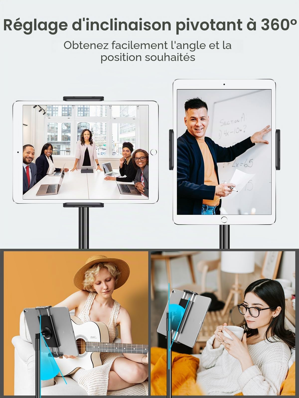 elitehood Support Tablette en Aluminium - Réglable en Hauteur jusqu'à 65" | Support tablette sur pied aluminium, hauteur réglable jusqu'à 65", compatible avec tous iPad (9,7-12,9") et iPhone (4,7-13")