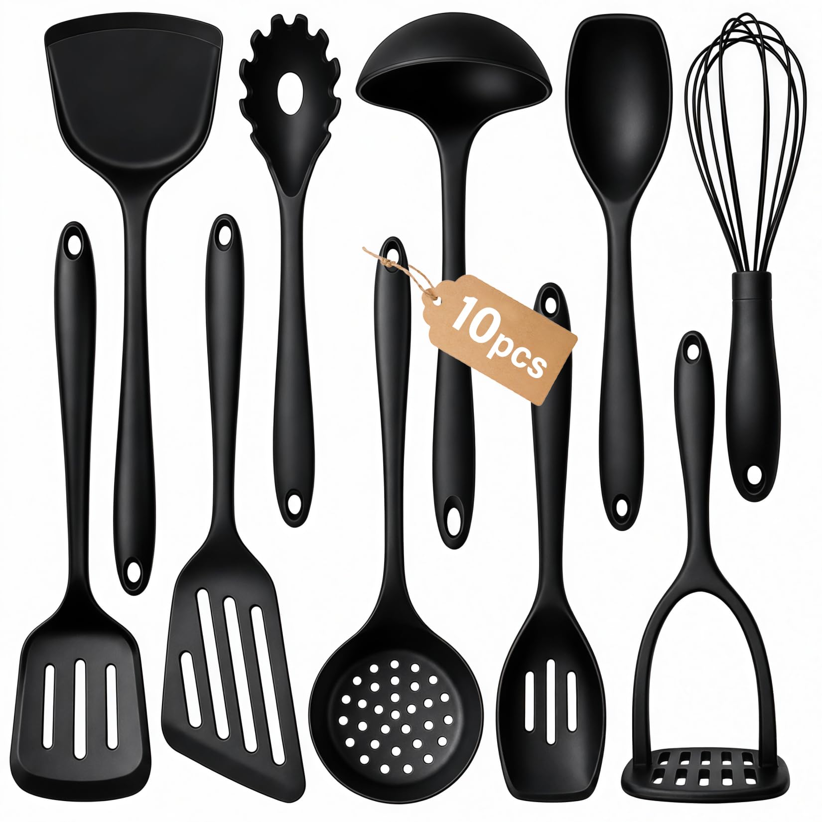 Lot de 10 ustensiles de cuisine en silicone épais - Antiadhésifs - Résistants à la chaleur - Sans BPA - Avec spatule, cuillère et louche (noir)