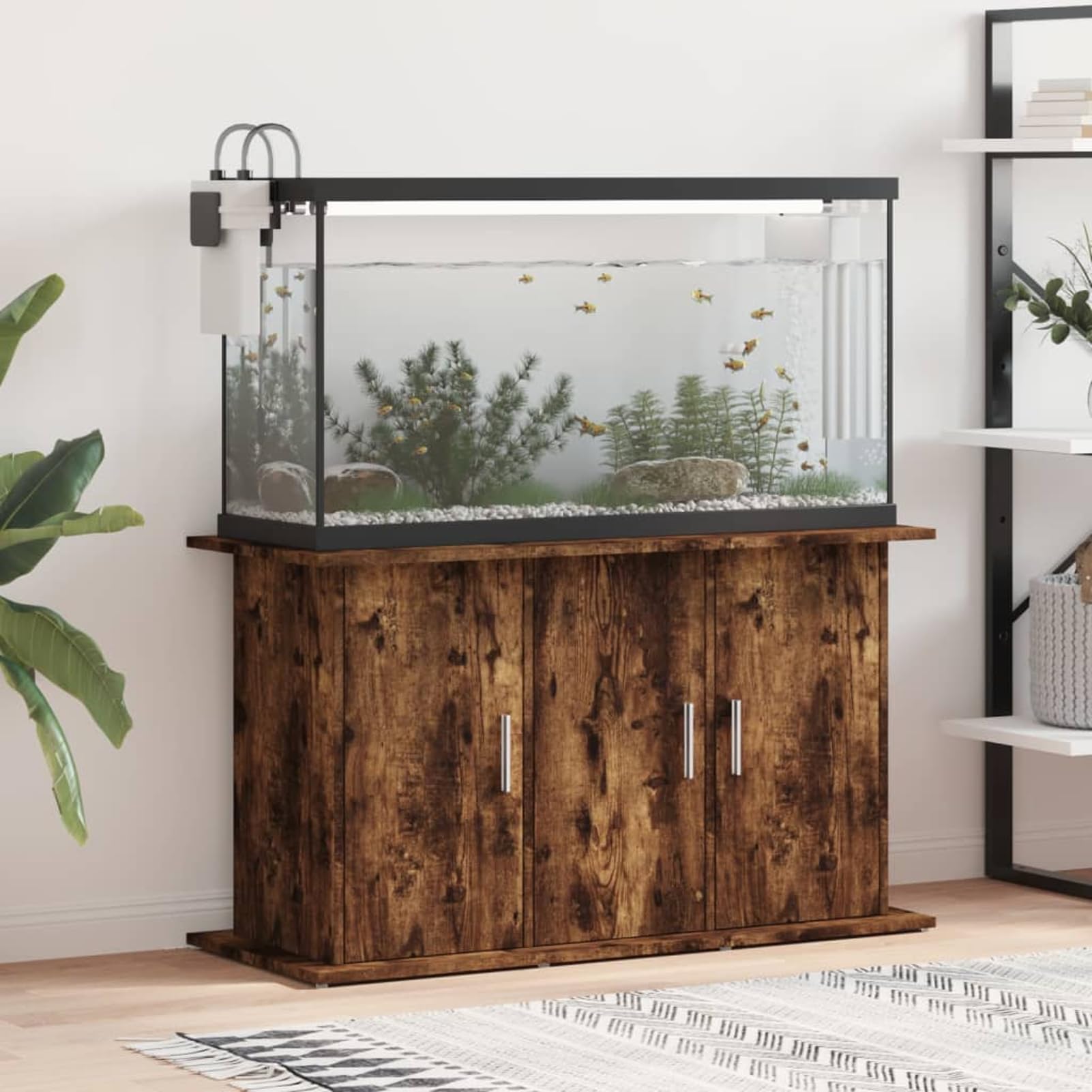 Gecheer Aquarium Stand with Storage, 6-Door Fish Tank Cabinet in Smoked Oak Engineered Wood, 101x41x58 cm, for Living Room Home Decor 833636
