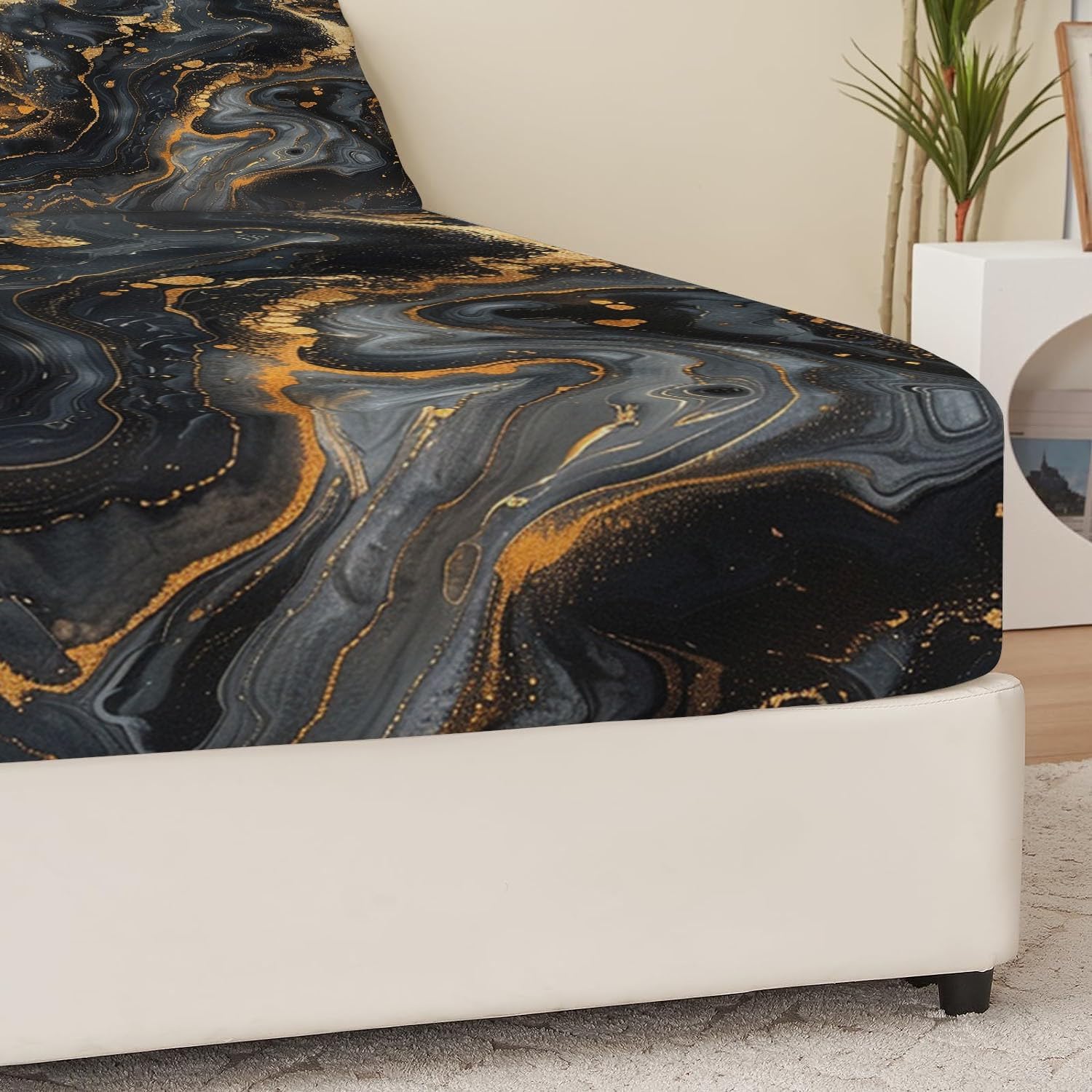 Print Fitted Sheet Set Queen Size for Kids Boys Girls, Bed Sheets Black Gold Marble Pattern Fitted Sheet Adults Flat Sheet Soft Luxury, Home Room Decor 4Pcs