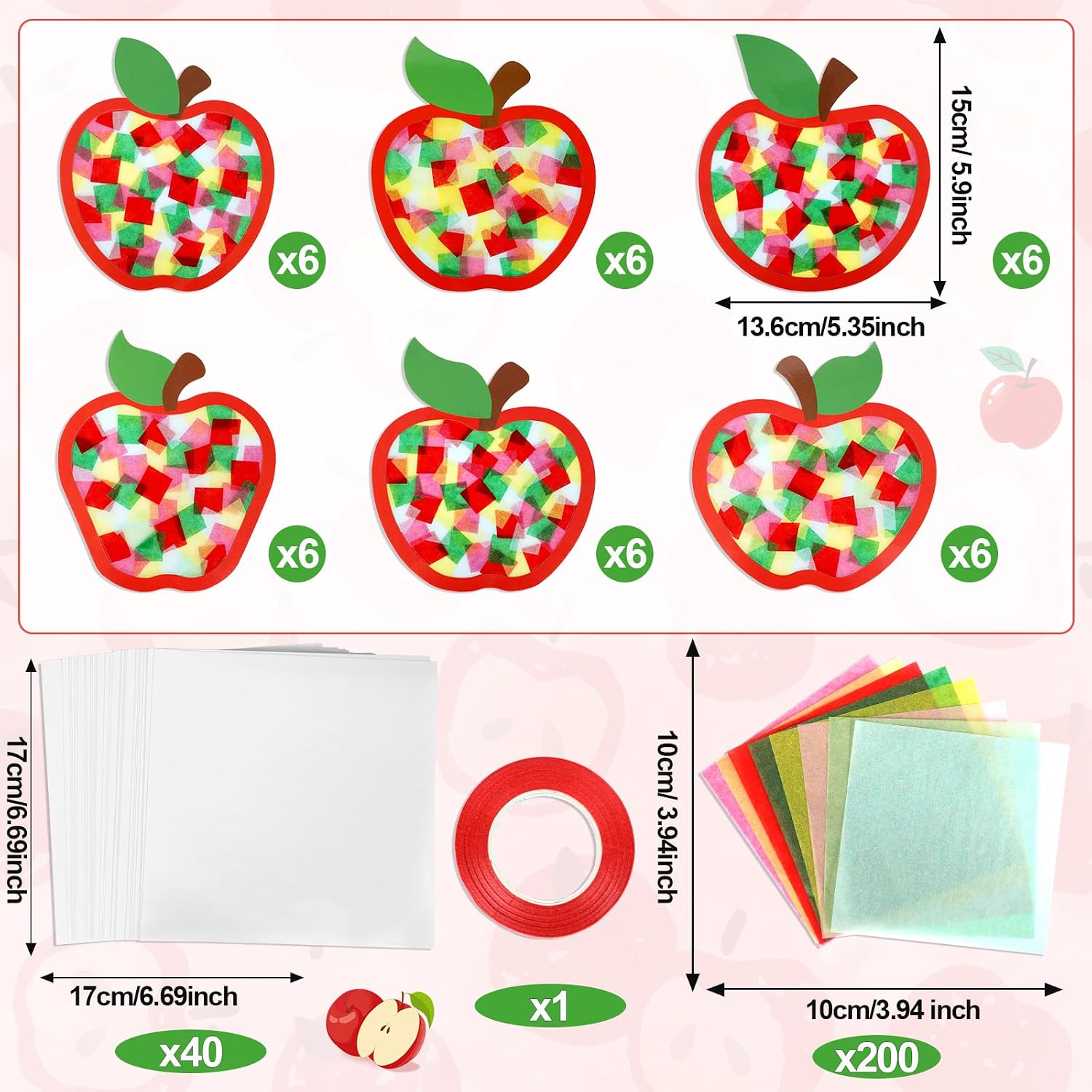 Qyeahkj 36 Set Fall Apple Suncatchers Crafts for DIY Autumn Apple Window Tissue Paper Craft Kit Hanging Decor for Back to Home Activity Art Project Birthday Party Favor Gift