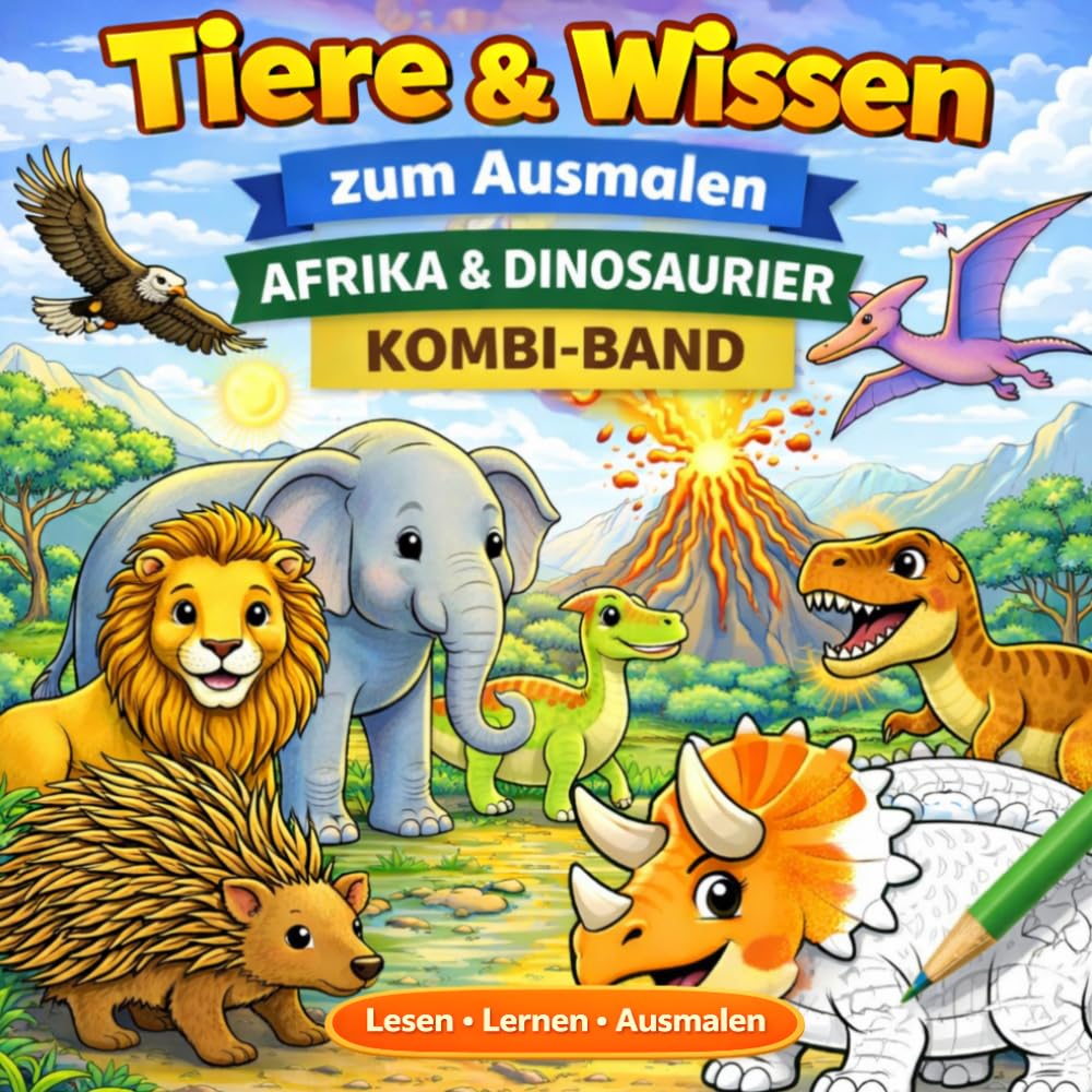 Tiere & Wissen zum Ausmalen - Afrika & Dinosaurier (67 Tiere): Ein liebevoll gestaltetes Malbuch, das Wissen vermittelt.