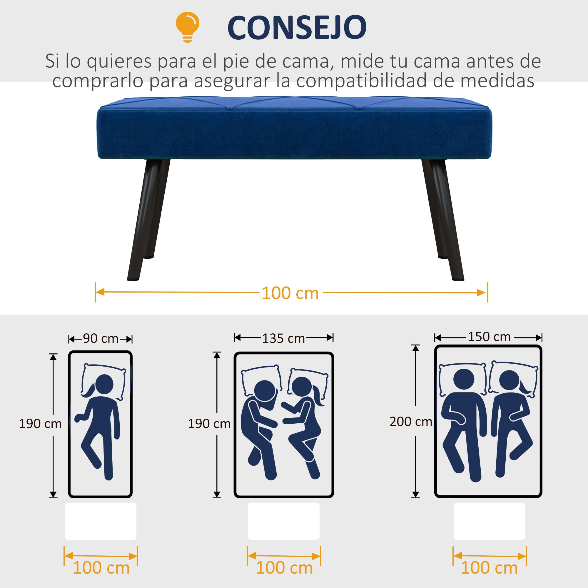 Homcom Banc Multifonctionnel pour Pied de Lit, Banc Moderne pour Chambre avec Siège Rembourré et Pieds en Acier, Charge Maximale de 120 kg, pour Entrée, Couloir, Salon, 100 x 36 x 45 cm, Bleu Foncé