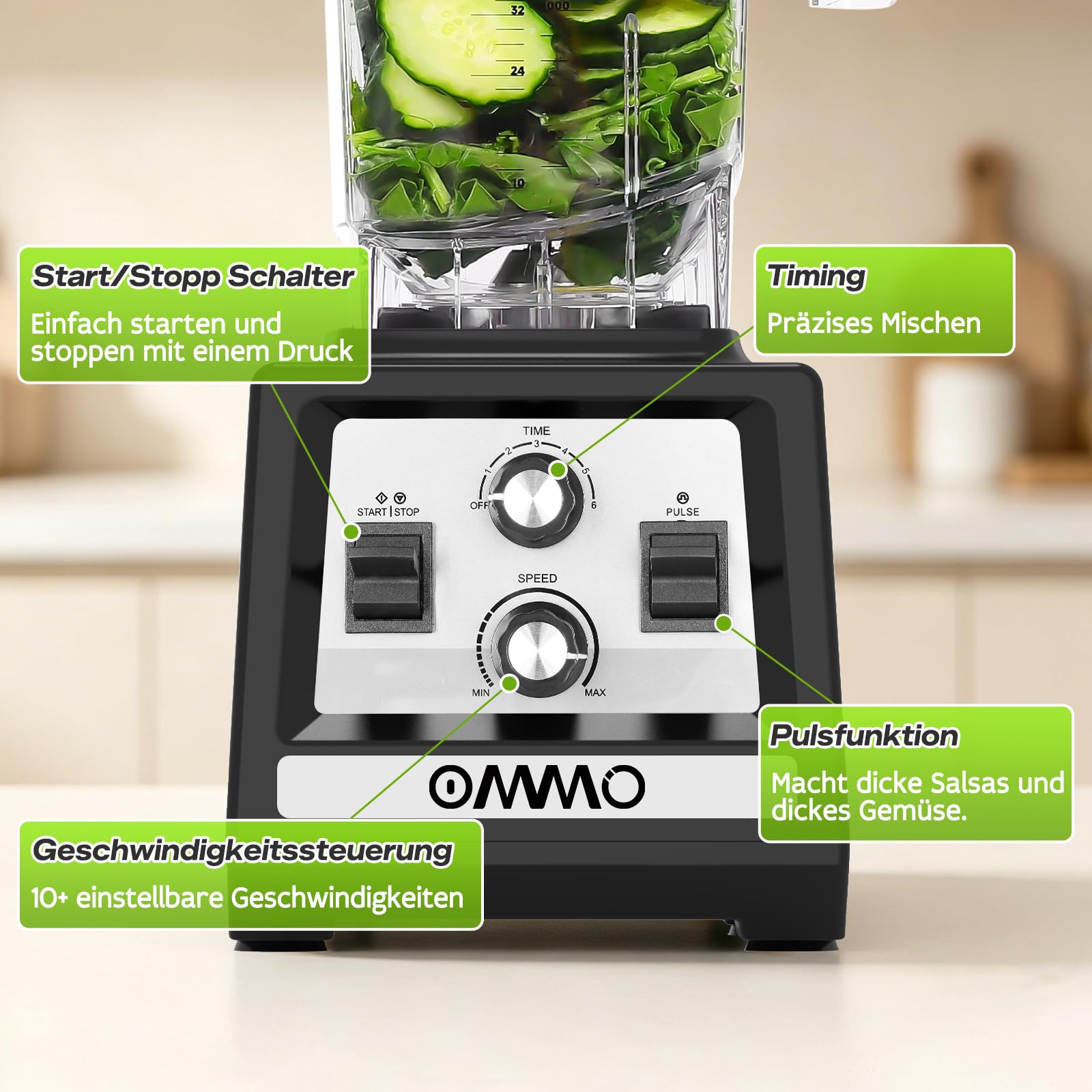 OMMO 2L Standmixer Hochleistungsmixer, Mixer Smoothie Maker Max 1800W | für Eisbrechen, Milkshakes, Gefriergetränke, Timer und Geschwindigkeitssteuerung, 6 Verbesserte Edelstahlklingen, BPA Frei